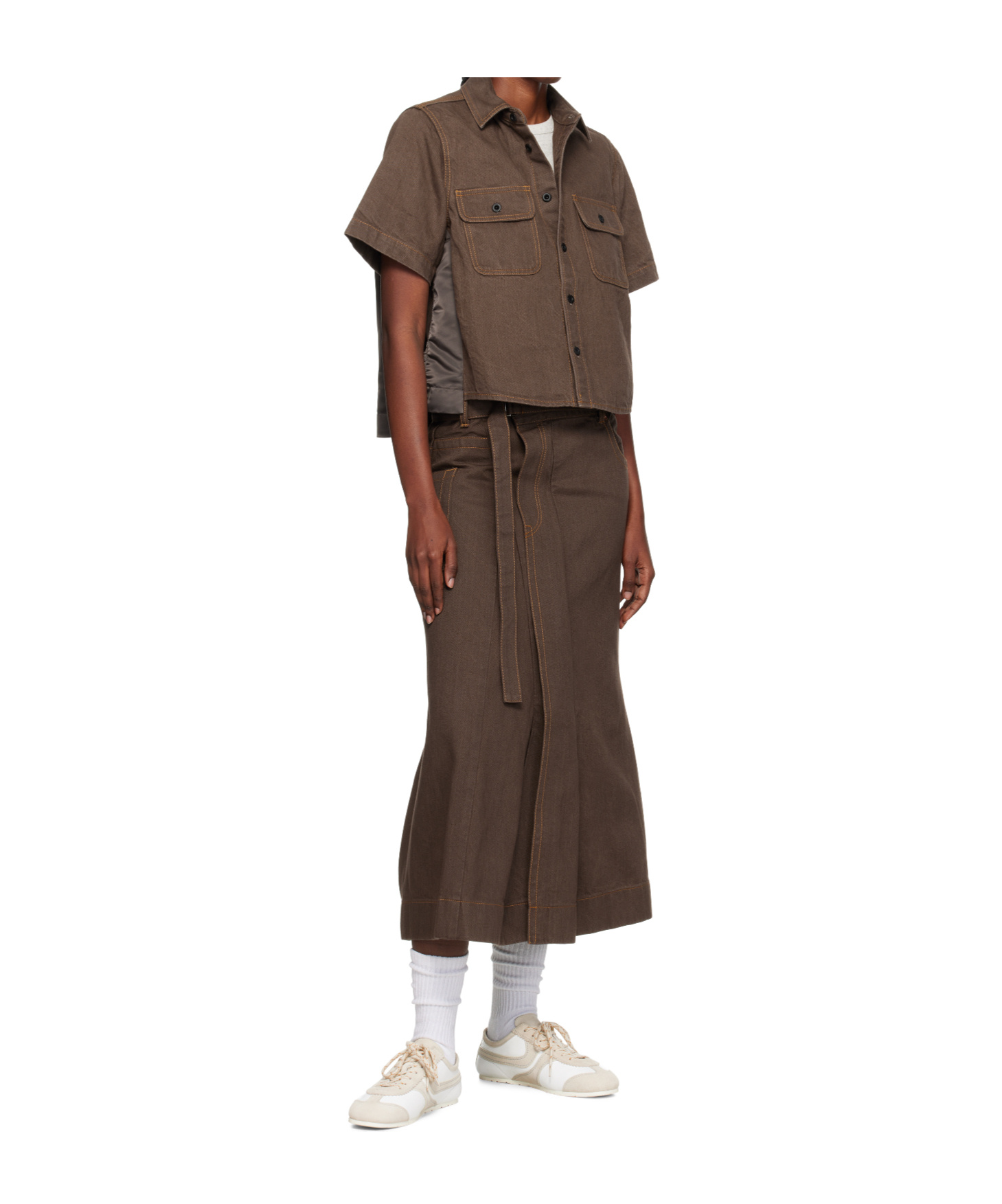 Sacai Lapel Short-sleeved Denim Jacket In Brown