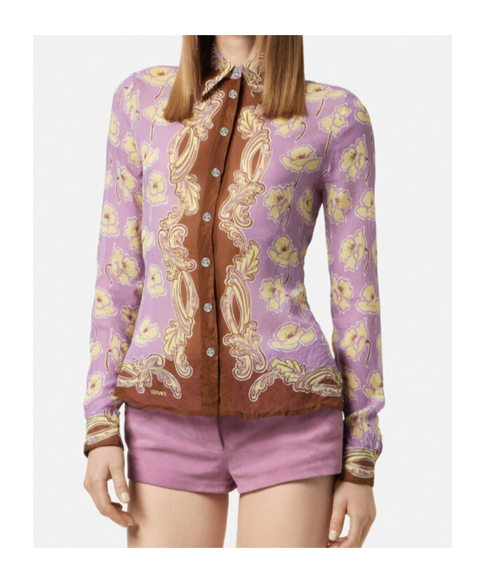 Versace Poppies Print Crinkled Crepe Button-up Shirt In Lavender Brown