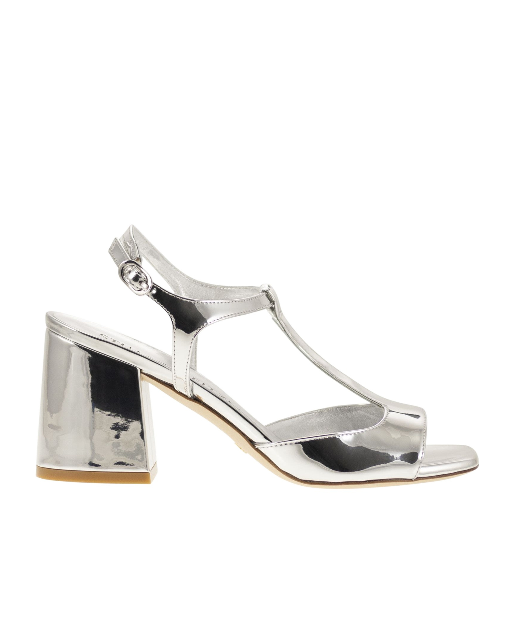 Stuart Weitzman Minimalist Flareblock 85 Mirrored Leather T-sandal In White
