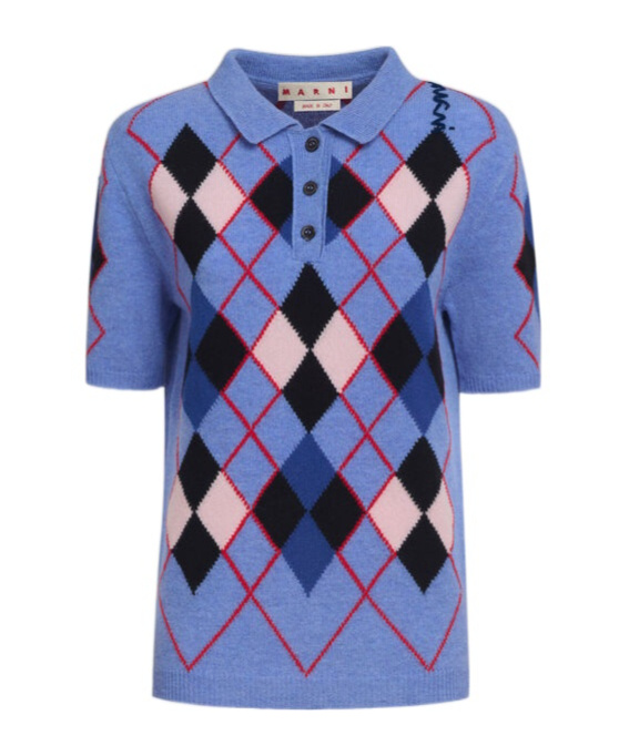 Marni Embroidered Argyle Wool Polo Shirt In Blue
