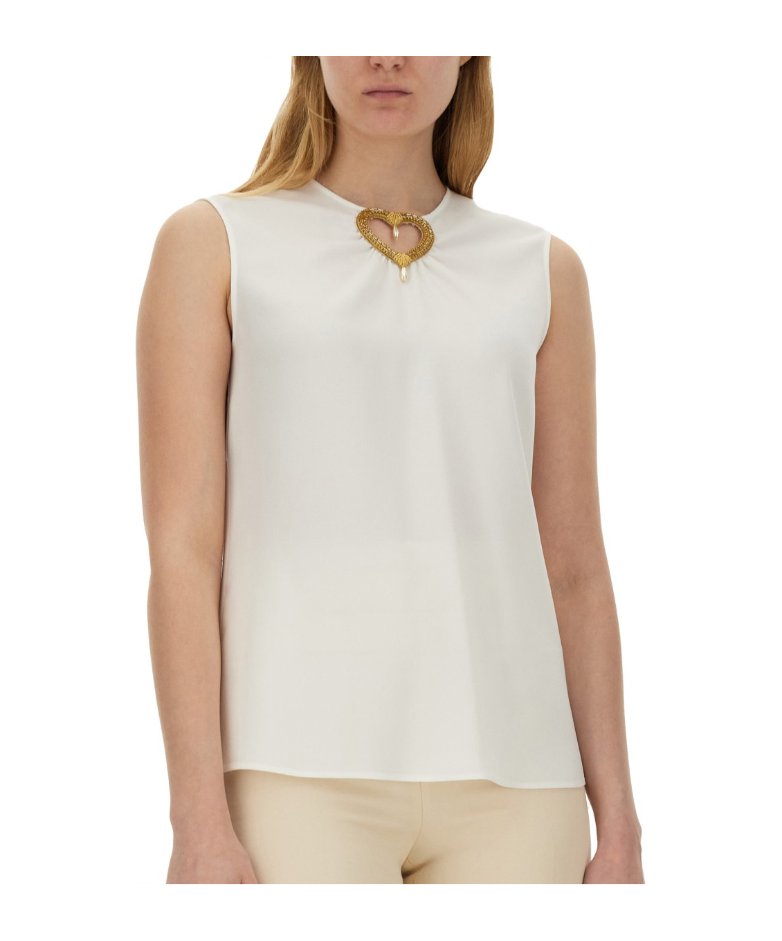 Moschino Blouse With Heart Applique And Subtle Keyhole Detail In White