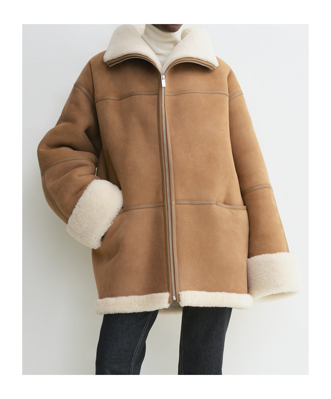 Totême Biscuits Shearling Lamb Leather Jacket With Wide Collar In Brown