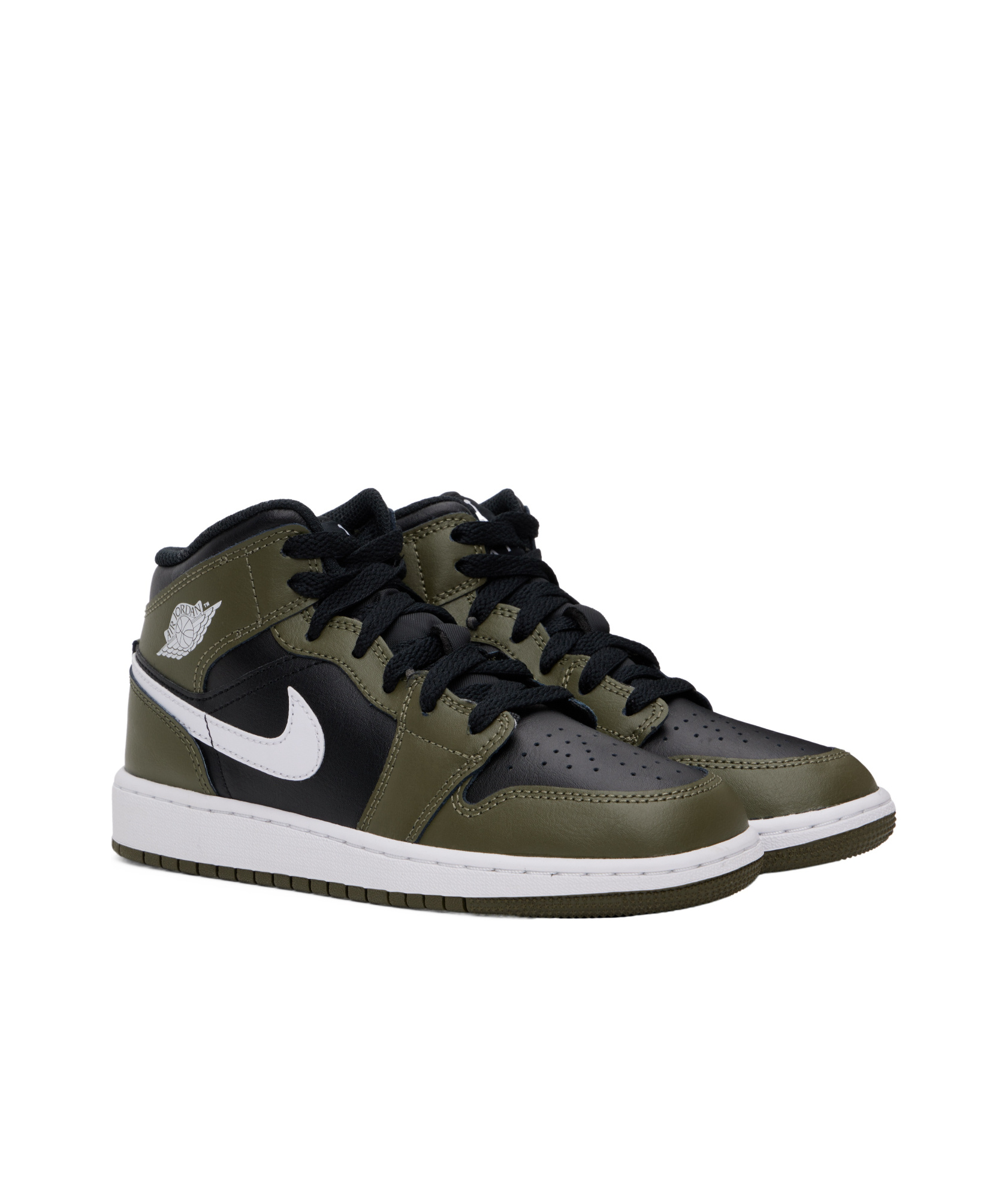 Nike Big Kids Khaki & Black Air Jordan 1 Mid Sneakers In Black/white/medium Olive