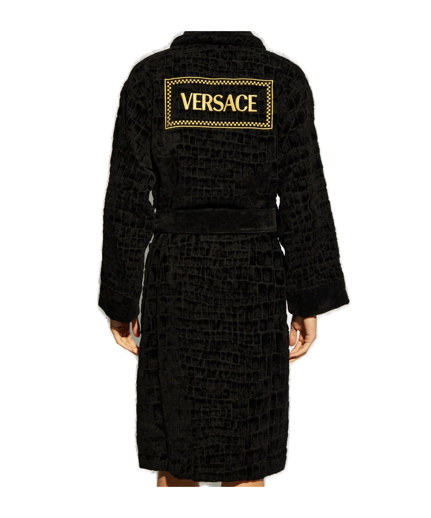 Versace Men's Medusa 95 Jacquard Terry Cloth Crocodile Pattern Robe In Black
