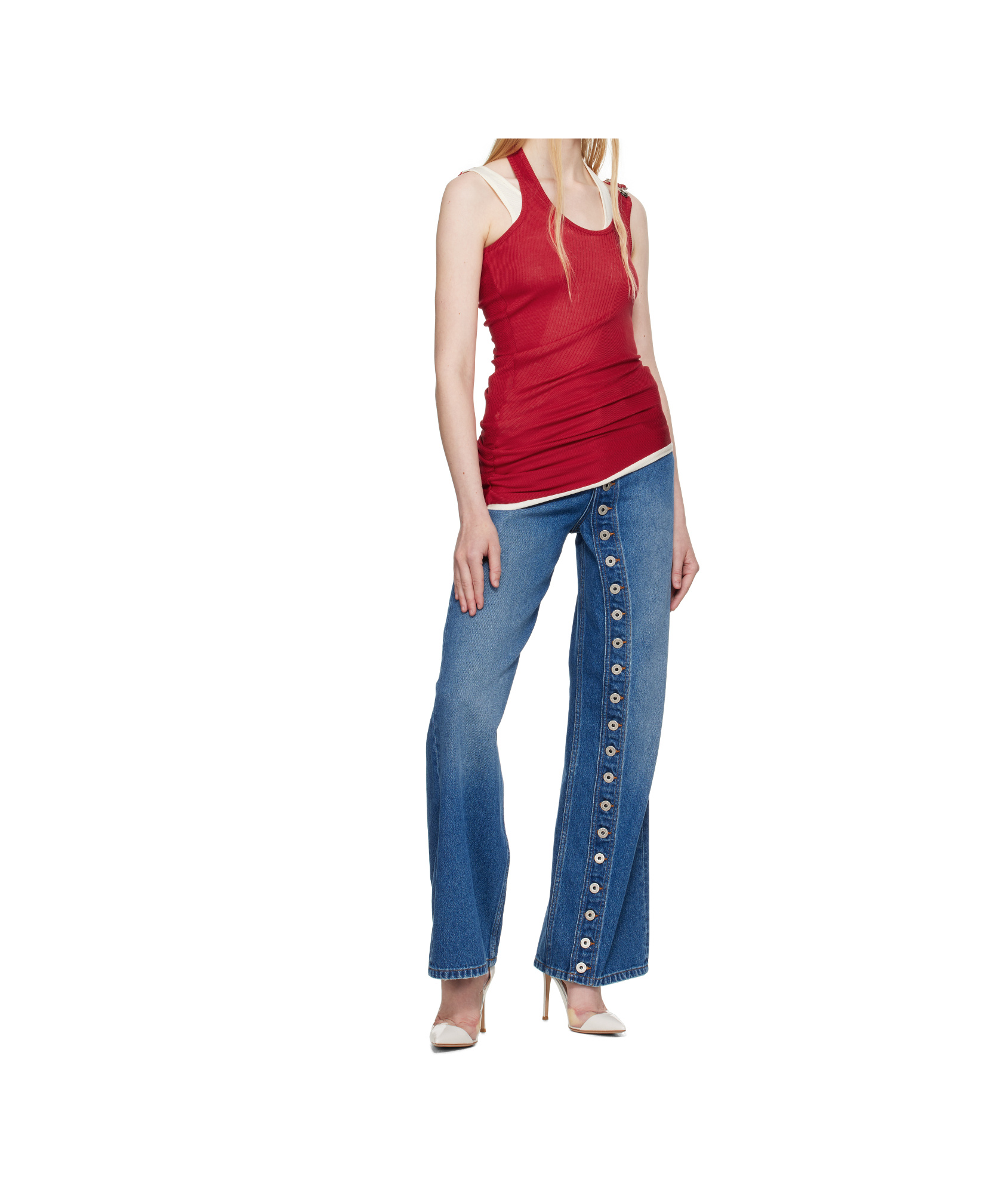Jean Paul Gaultier Ribbed Twisted Double Layer Cotton Tank Top In Red