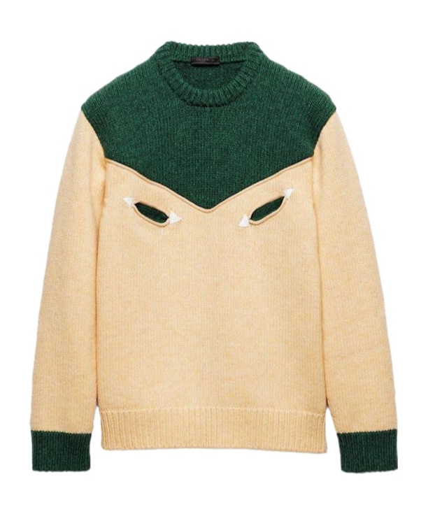 Prada Cream And Emerald Green Wool Sweater In Brown
