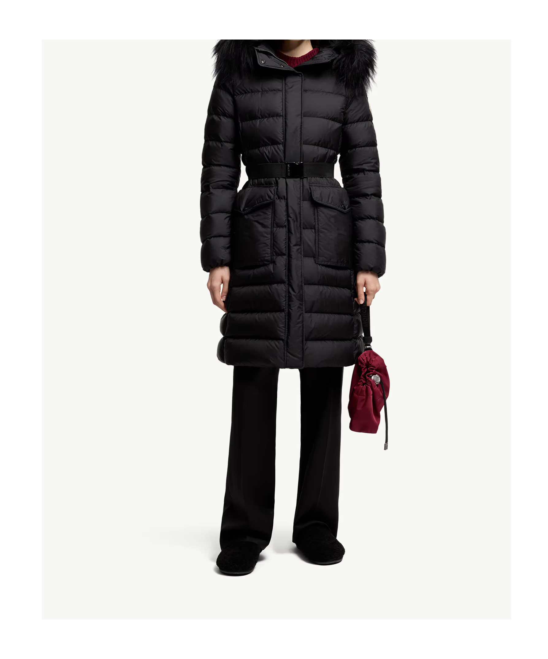 Moncler Khloesse Hooded Shearling-trimmed Long Down Jacket In Blue