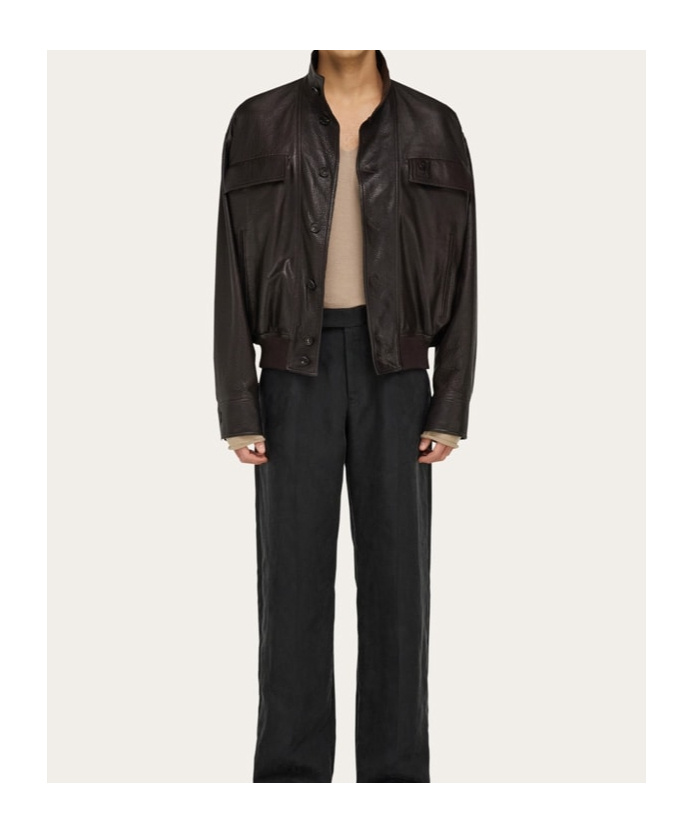 Ferragamo Stand-up Collar Leather Jacket In Brown
