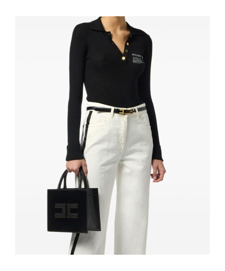 Elisabetta Franchi Collared Top With Ribbed Texture And Sleeves In Black