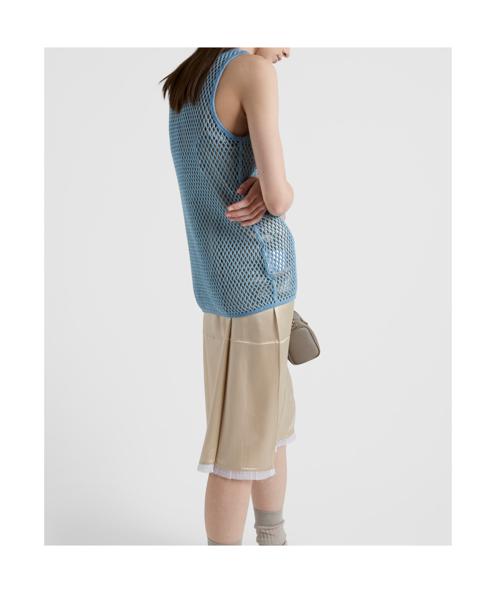 Prada Womens Light Blue Sleeveless Triangle-plaque Cotton Mesh Top In Interstellar Blue