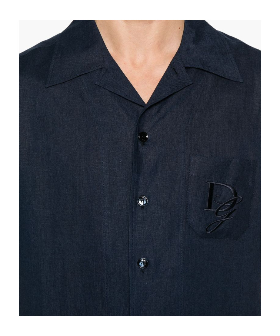Dolce & Gabbana Blue Linen Short-sleeve Shirt With Pocket In Black
