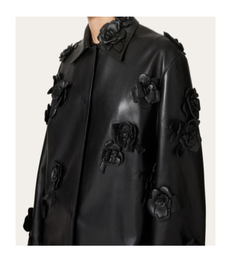 Valentino Black Leather Coat With Embroidery In Black