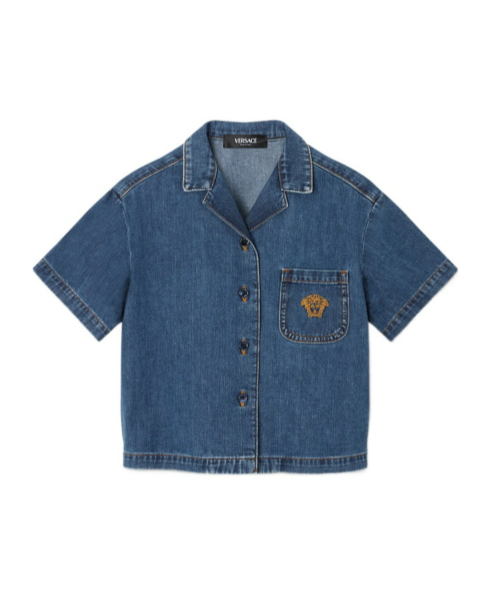 Versace Medusa Head-motif Denim Shirt In Blue