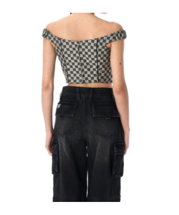 Misbhv Monogram Canvas Corset Top With Open Shoulders In Gray