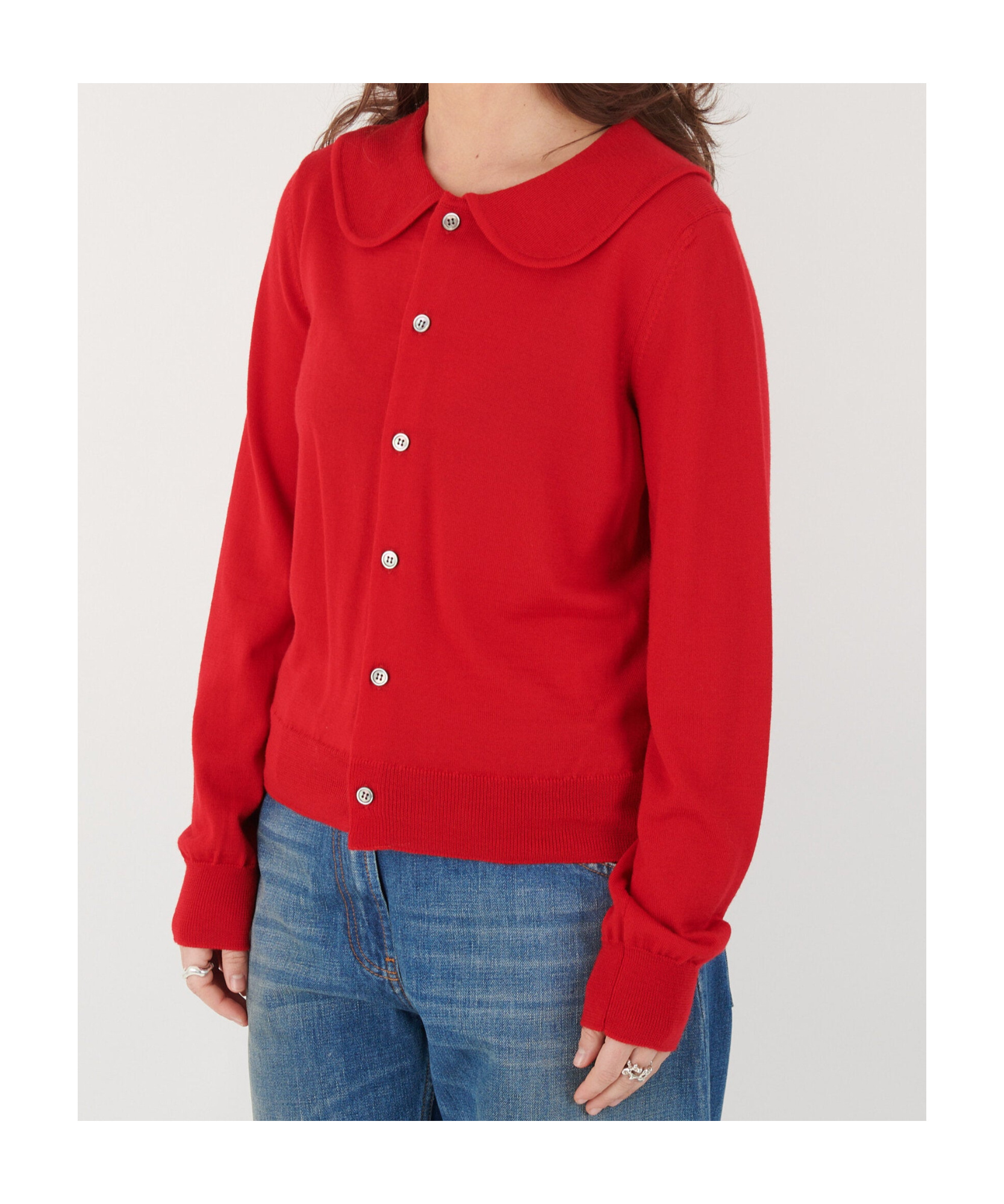 COMME DES GARÇONS RED WOOL CARDIGAN FROM COMME DES GARCONS GIRL.