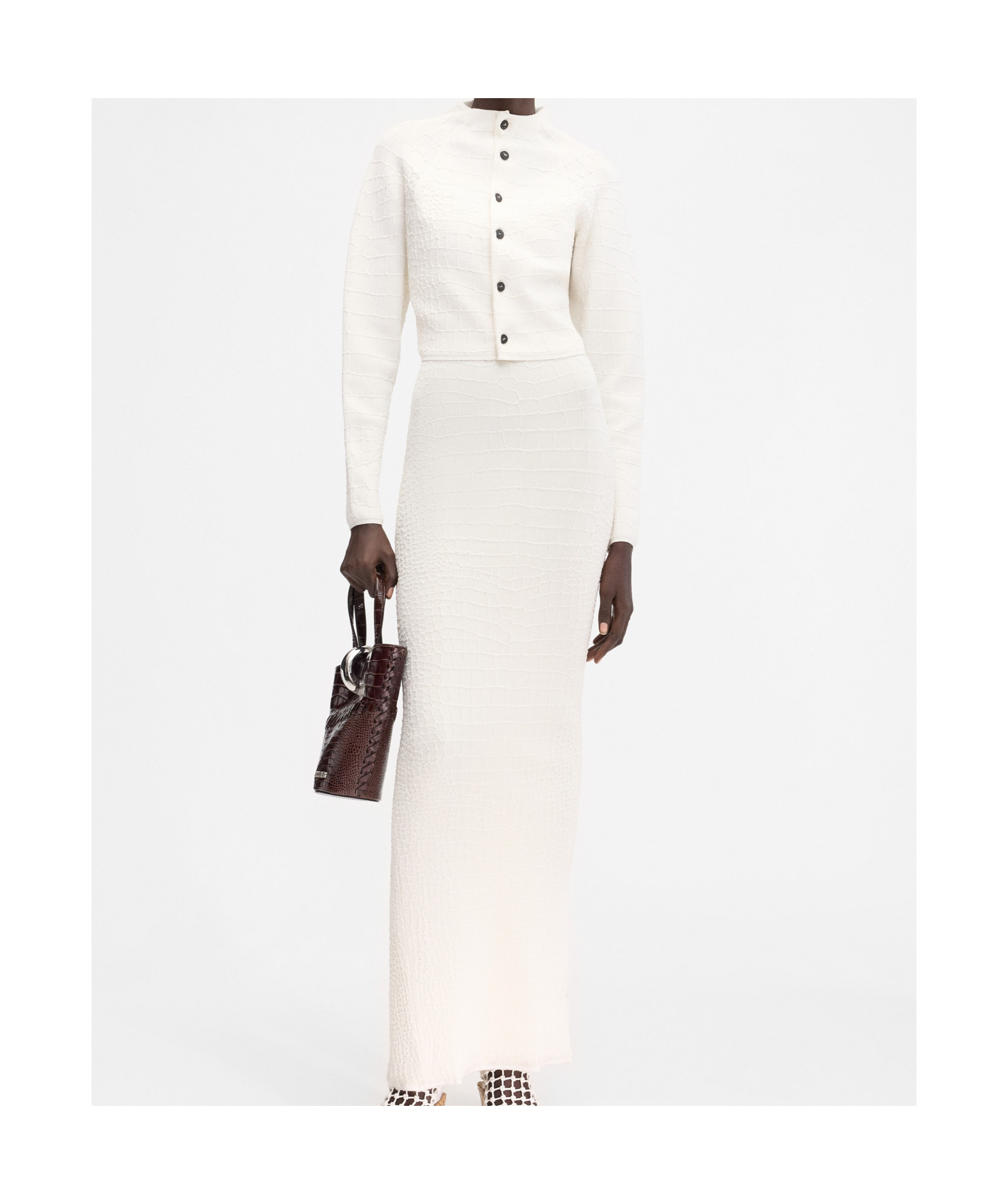 Jacquemus Womens Off-white The Scala Croc-embossed Woven-stretch Cardigan In White