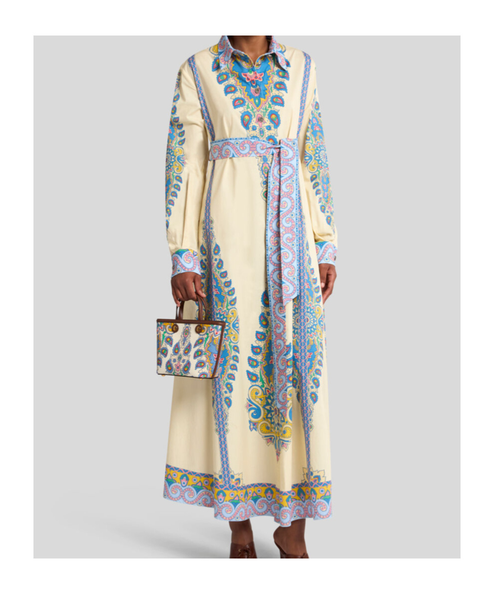 Etro Cotton Poplin Maxi Dress With Paisley Medallion And Contrasting Belt In Blue