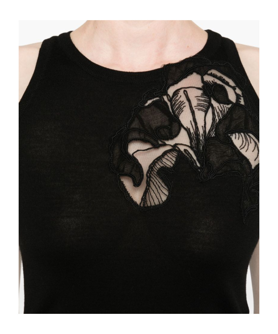 Ermanno Scervino Merino Racerback Tank Top Floral Embroidery In Black