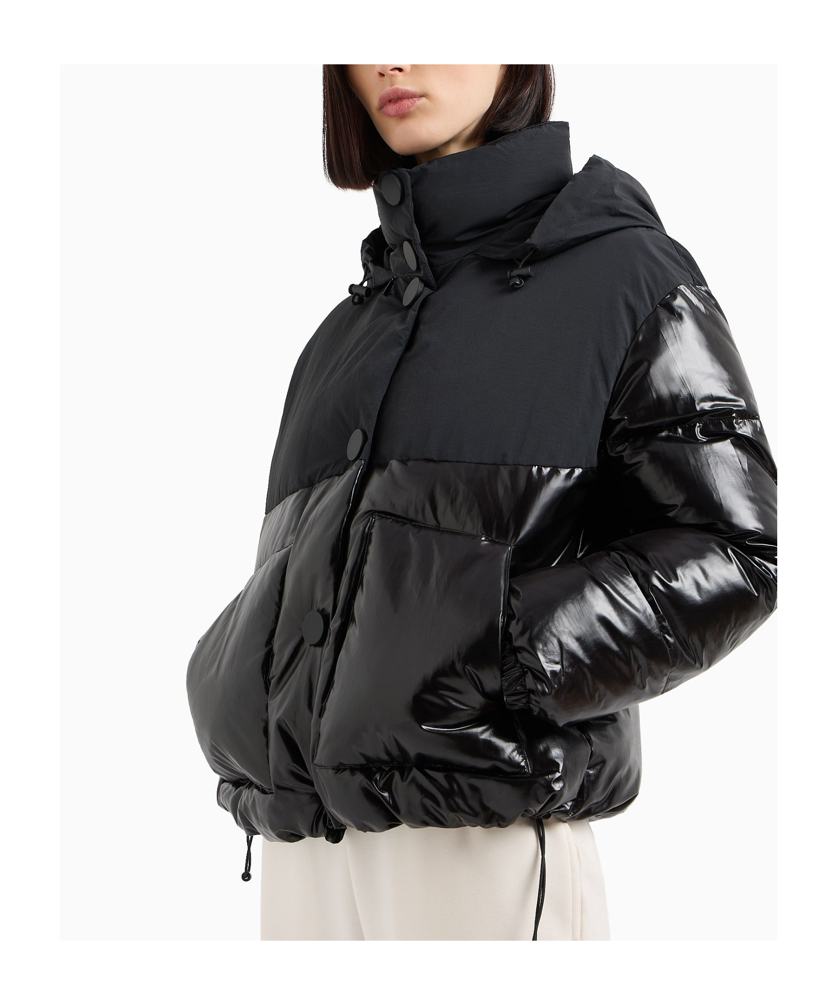 Armani Exchange Padded Jacket In Patent Leather And Opaque Fabric In Black