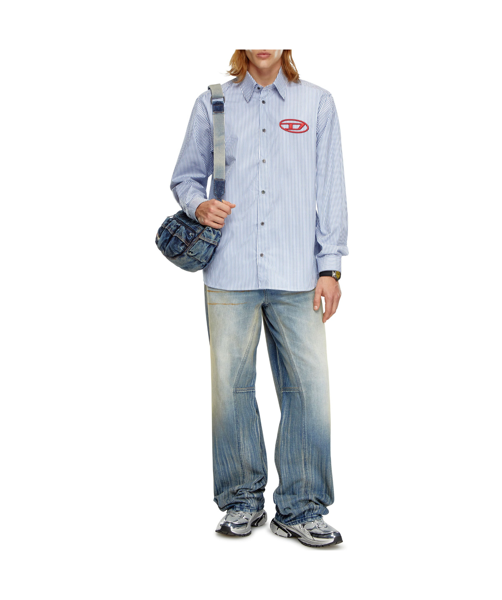 Diesel Embroidered-logo Striped Poplin Shirt In Blue