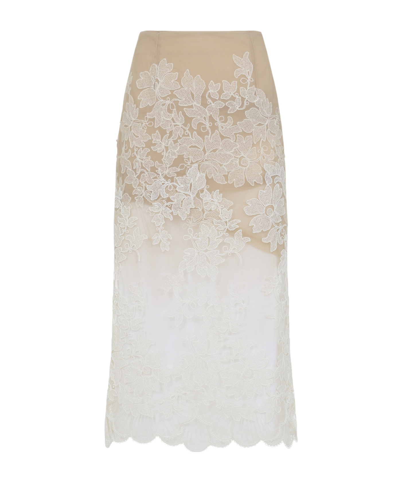 Ermanno Scervino Midi Skirt With Floral Lace Overlay In Neutral