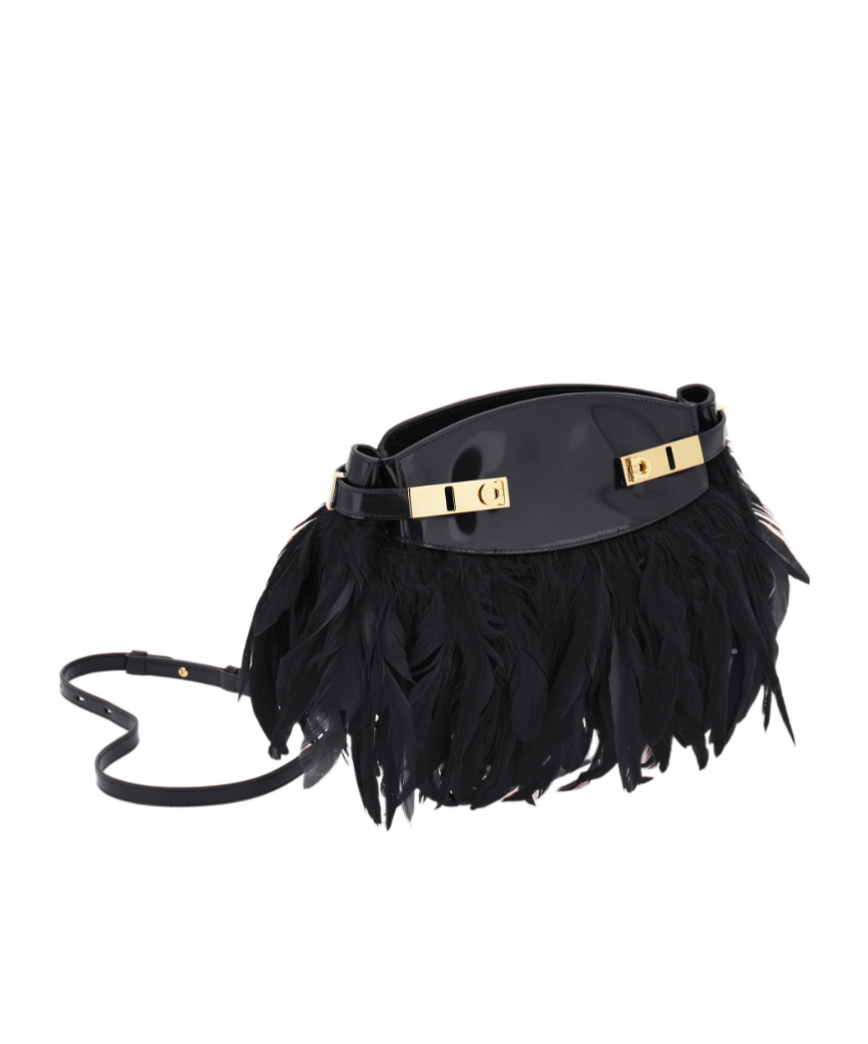 Ferragamo Hug Feather-trimmed Cross Body Bag In Black