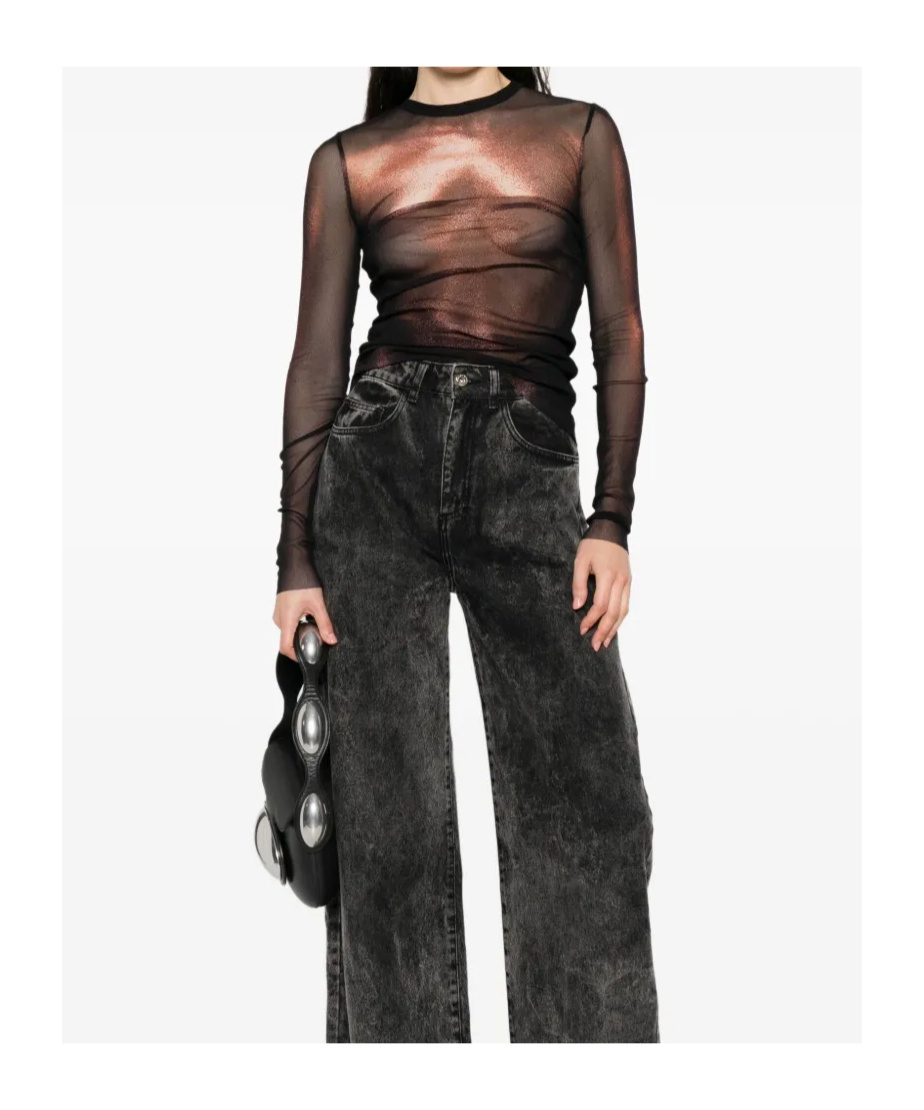 Jean Paul Gaultier Sheer Mesh Crew Neck Top Long Sleeves In Black