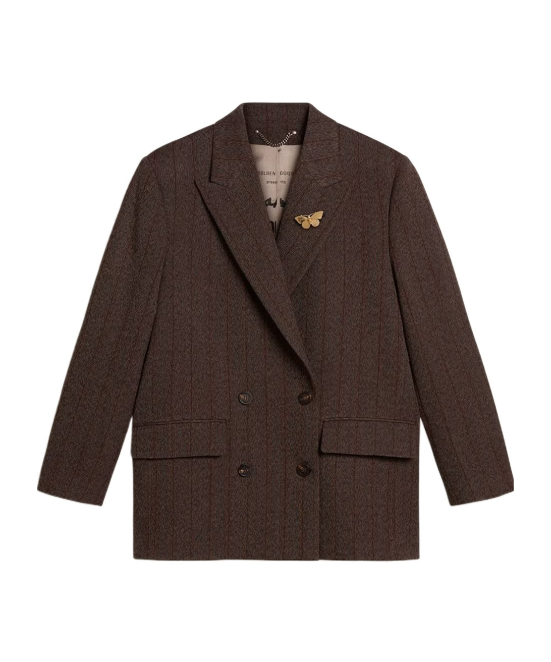Golden Goose Pinstripe Double-breasted Blazer With Butterfly Embellishment In Brown