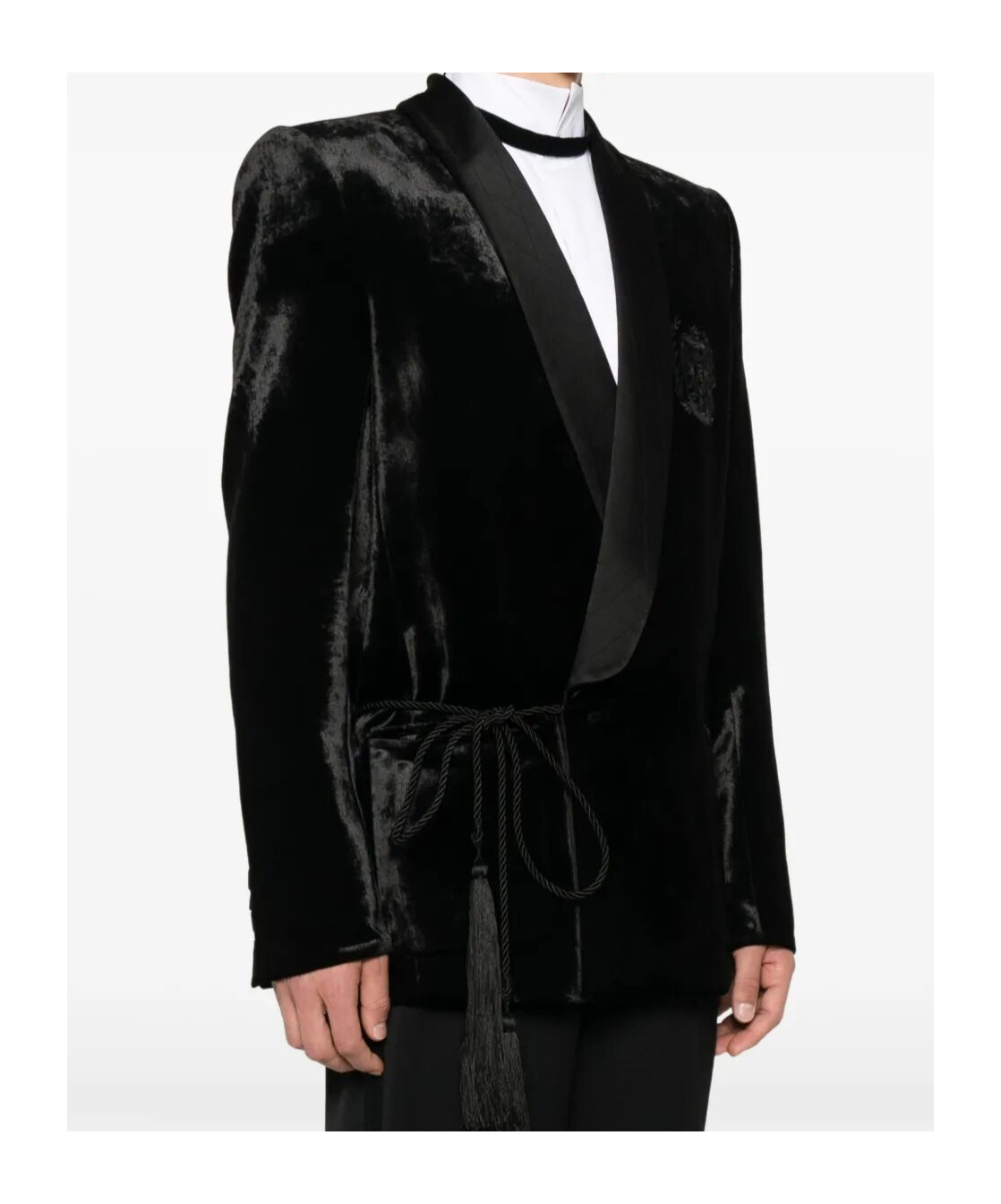 Balmain Velvet And Satin Belted Jacket With Tassel In Black