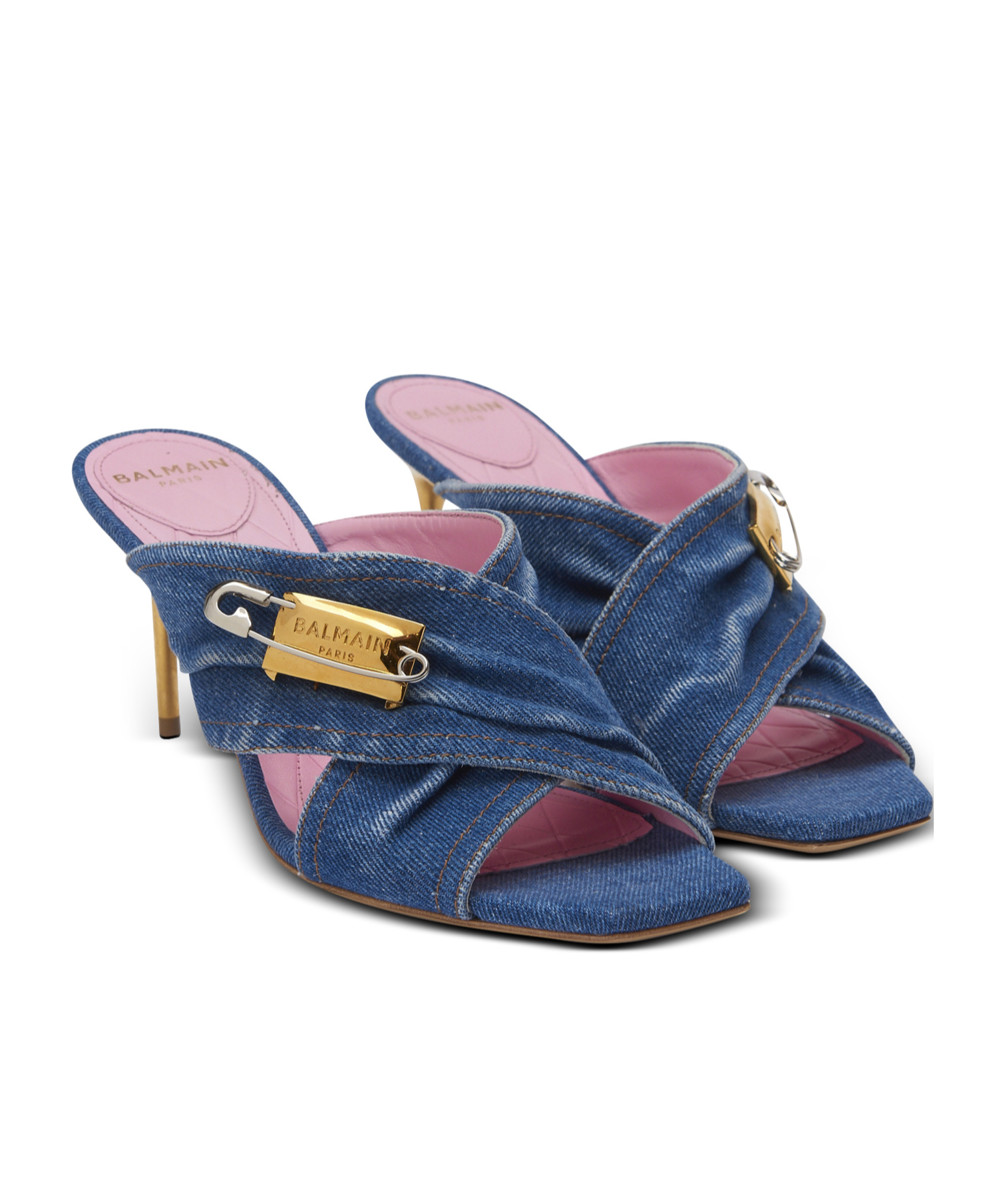 Balmain Mule Safety Pin-denim In Blue