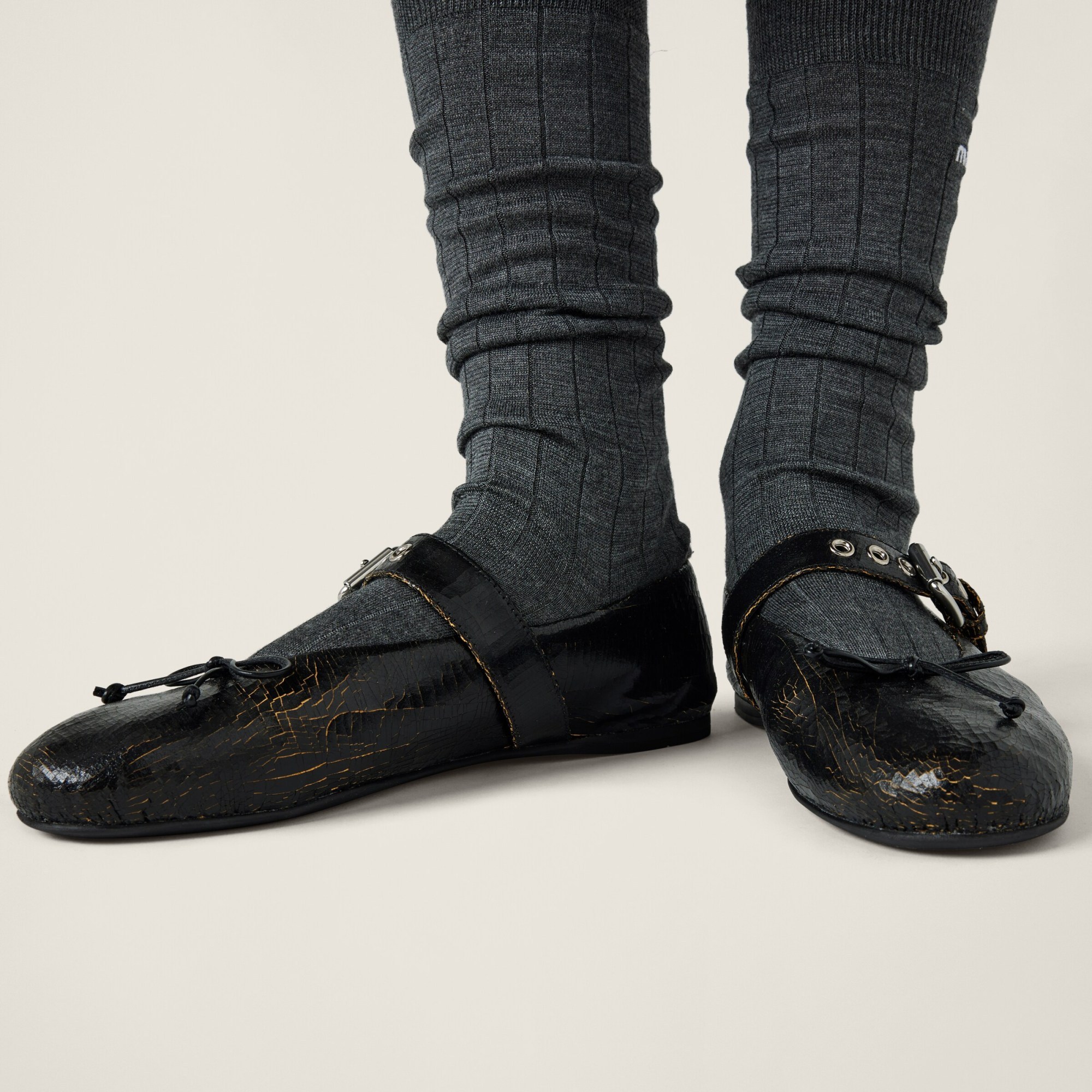 Shop Miu Miu Crackle Leather Ballerinas In Black