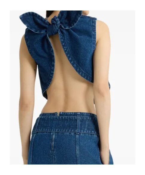 Patou Bow Detail Cropped Denim Top With Open Back In Dark Blue