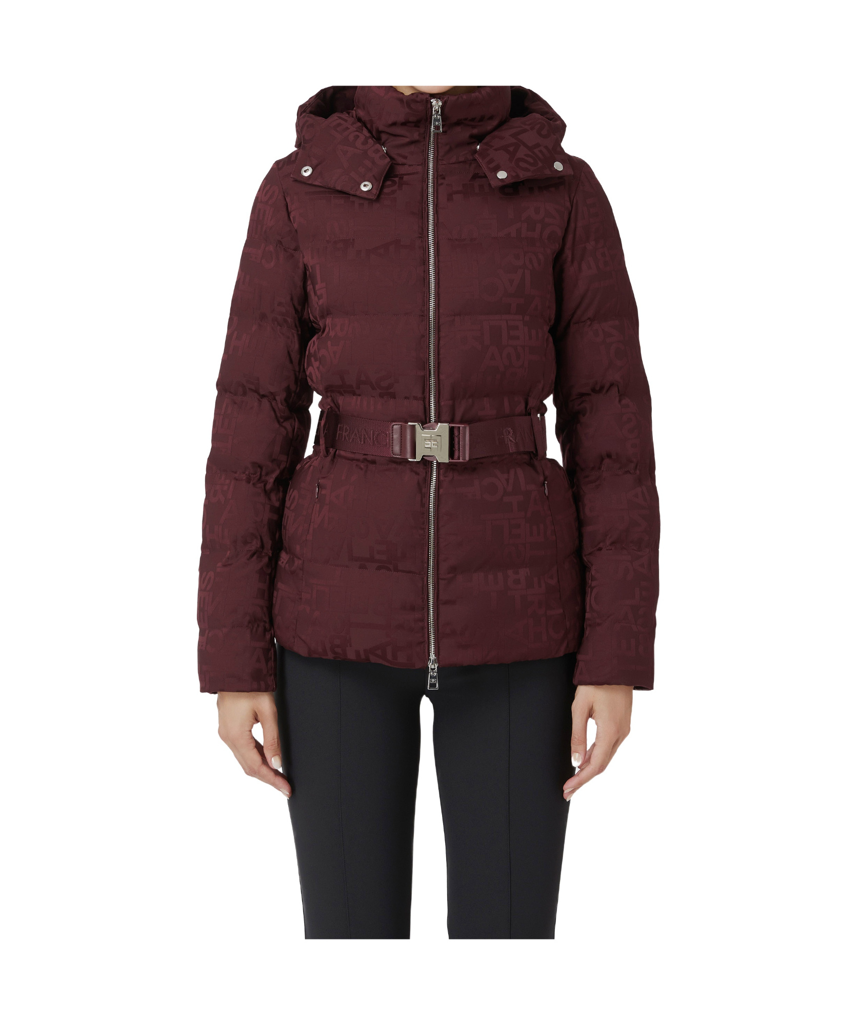 Shop Elisabetta Franchi Jacquard Logo Belted Puffer Coat In Brown