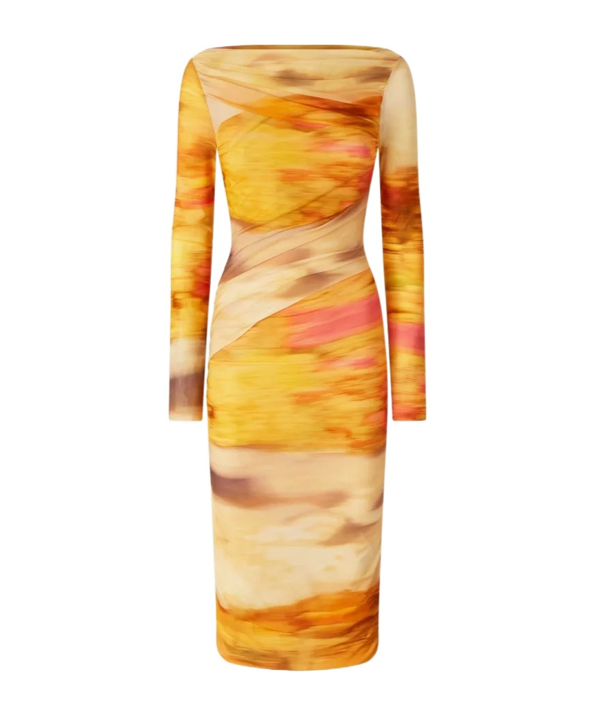 Pinko Landscape Print Bodycon Midi Dress In Yellow
