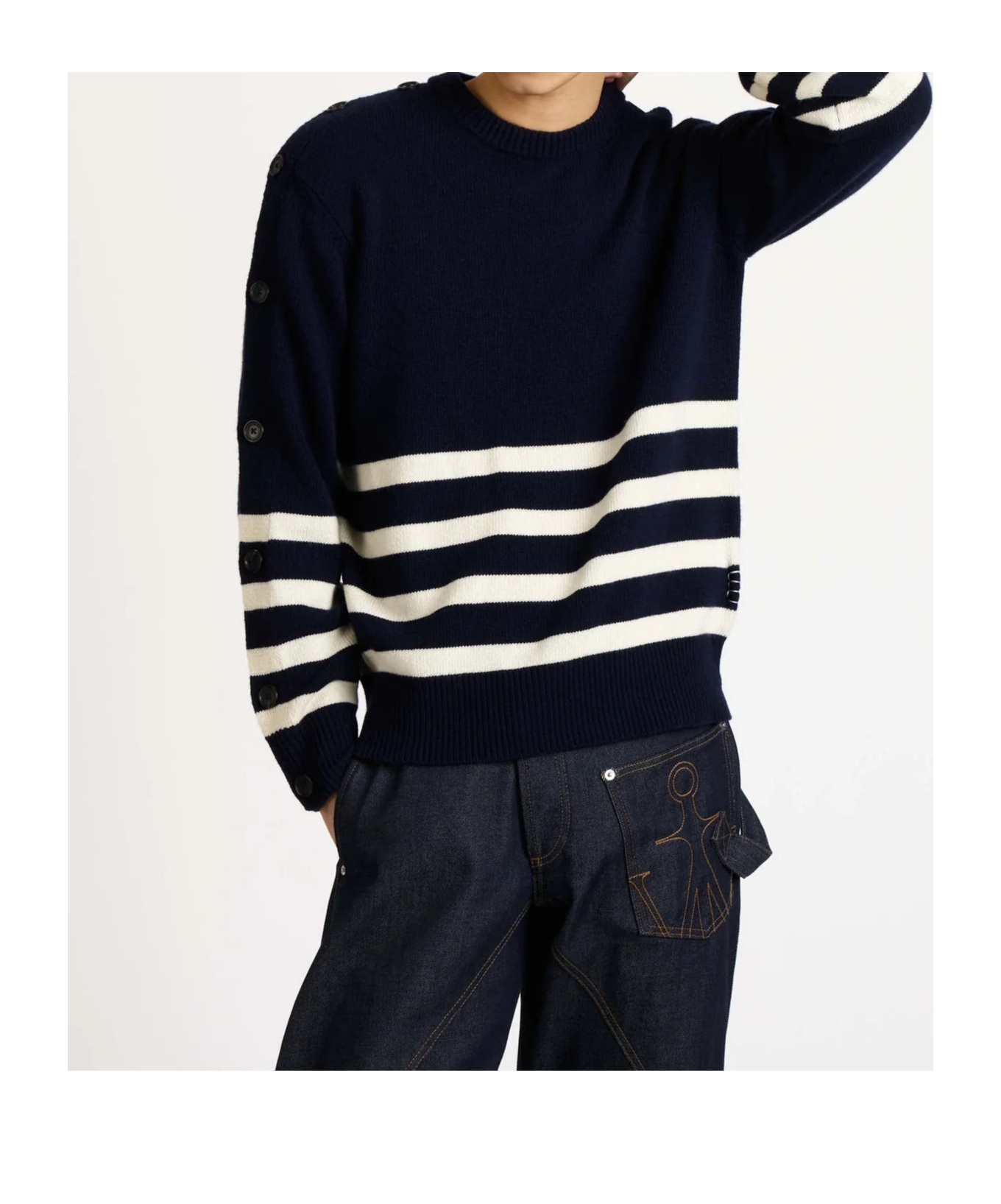 Jw Anderson Mens Buttoned Sleeve Breton Jumper In Navy In Blue