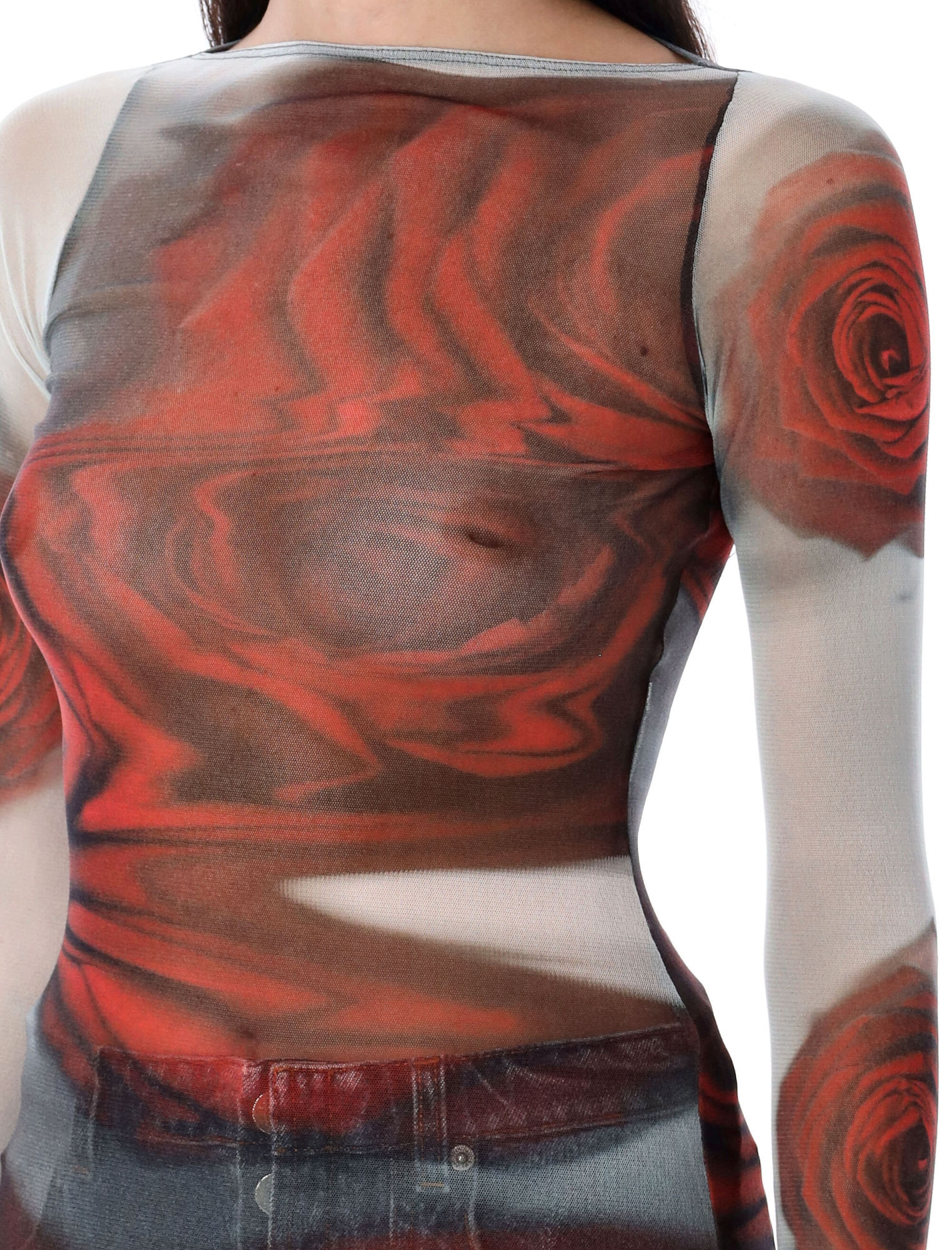 Jean Paul Gaultier Women Blurry Roses Medaillon Print Mesh Boat Neck Top In Brown