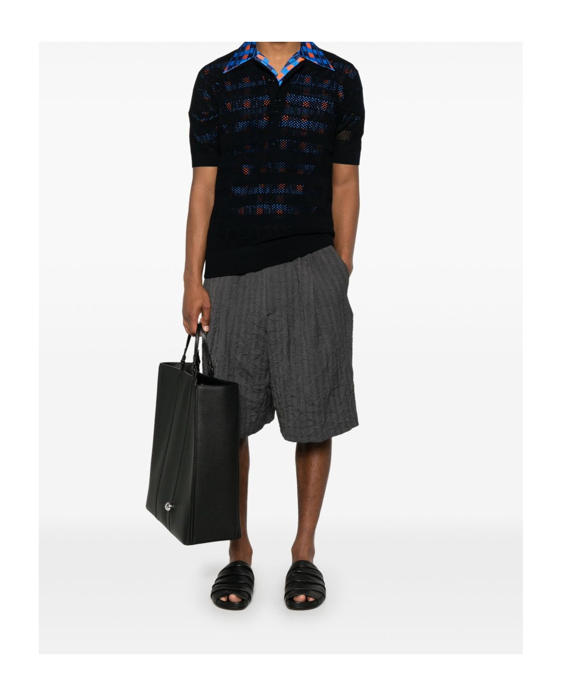 Dries Van Noten Short Sleeve Black Polo In Striped Mesh Knit In Navy Blue