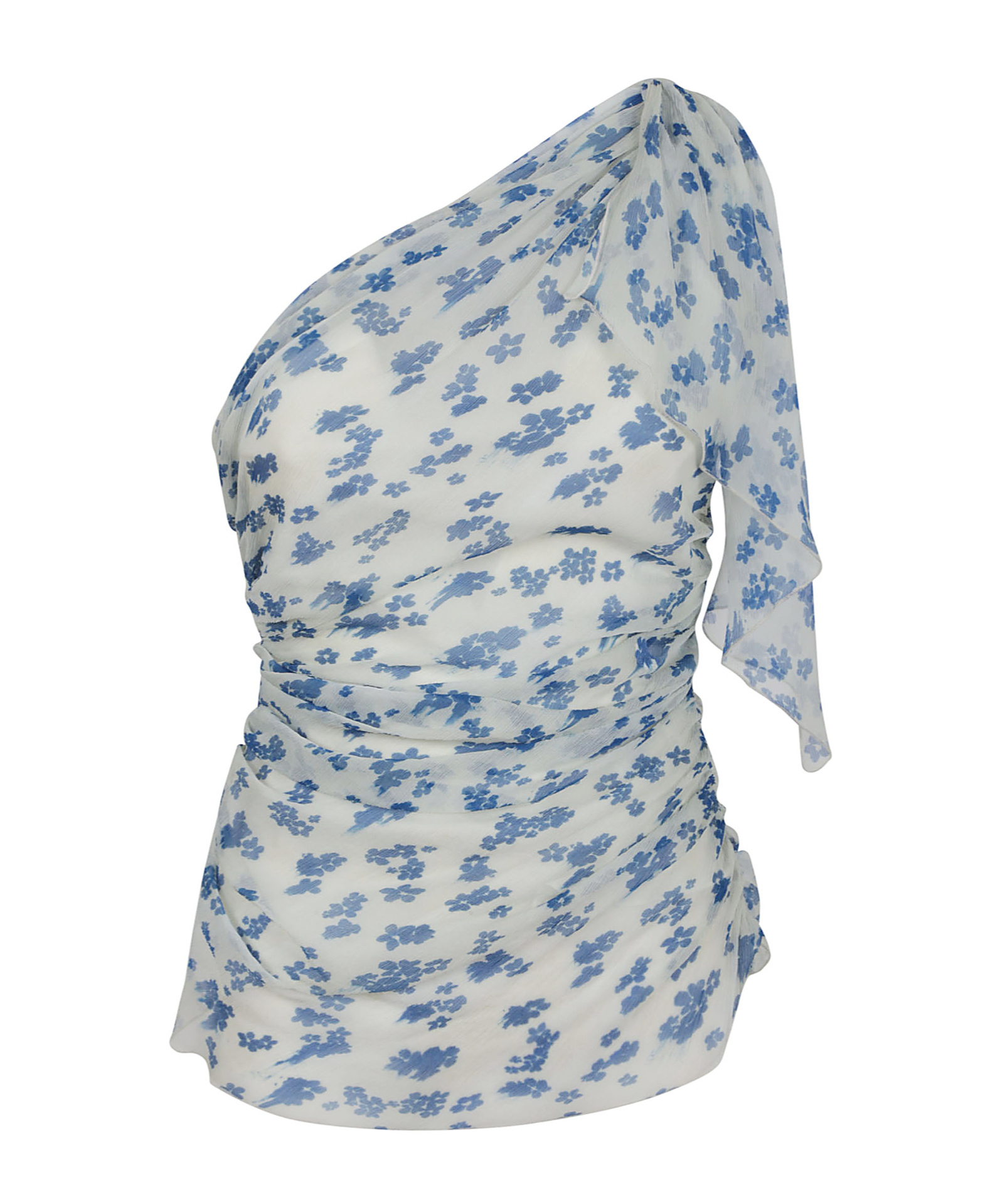 Victoria Beckham Asymmetric Draped Floral Ruched Sleeve Top In Blue