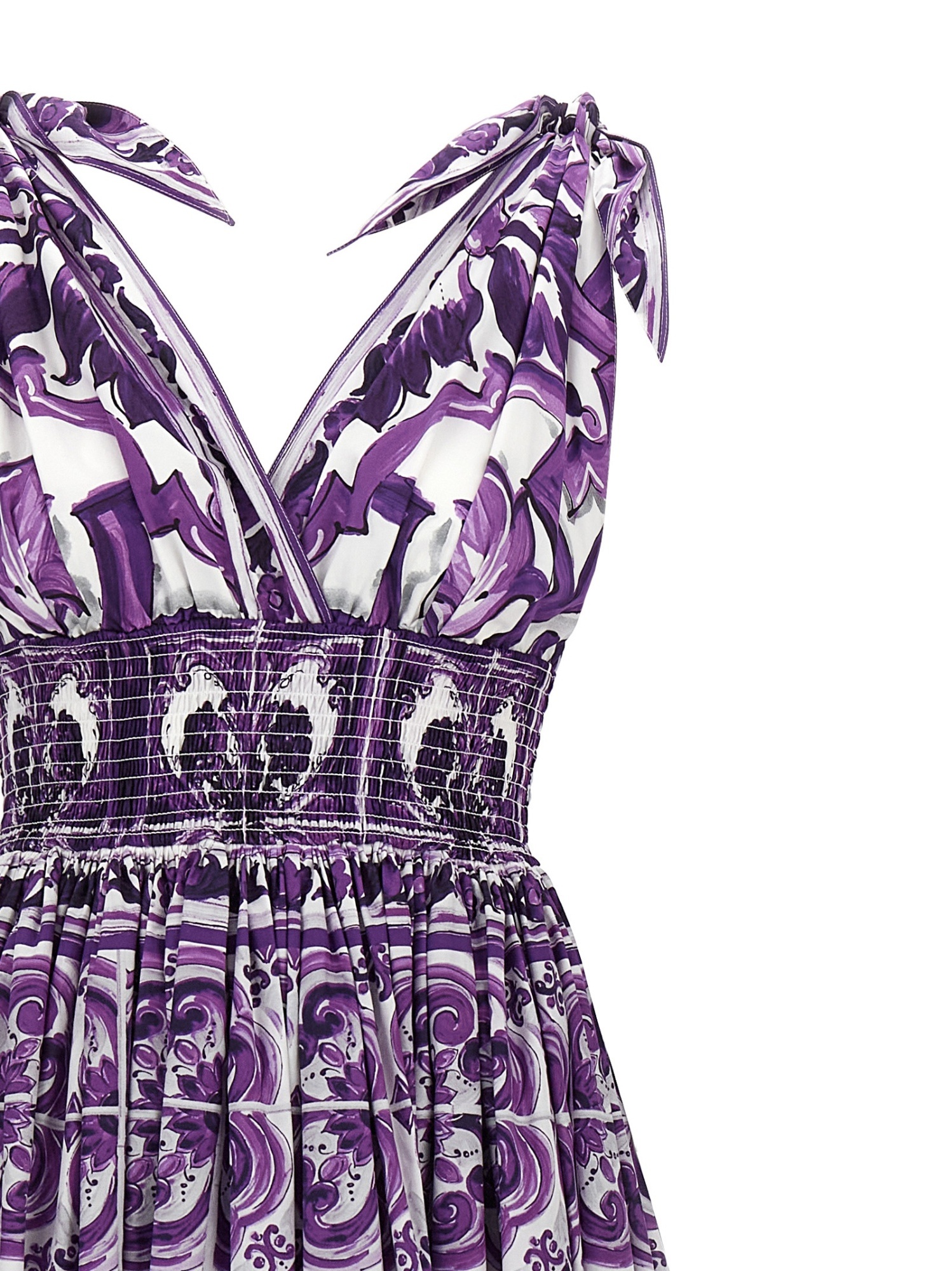 Dolce & Gabbana Smocked V-neck Maxi Dress With Tie Straps In Purple