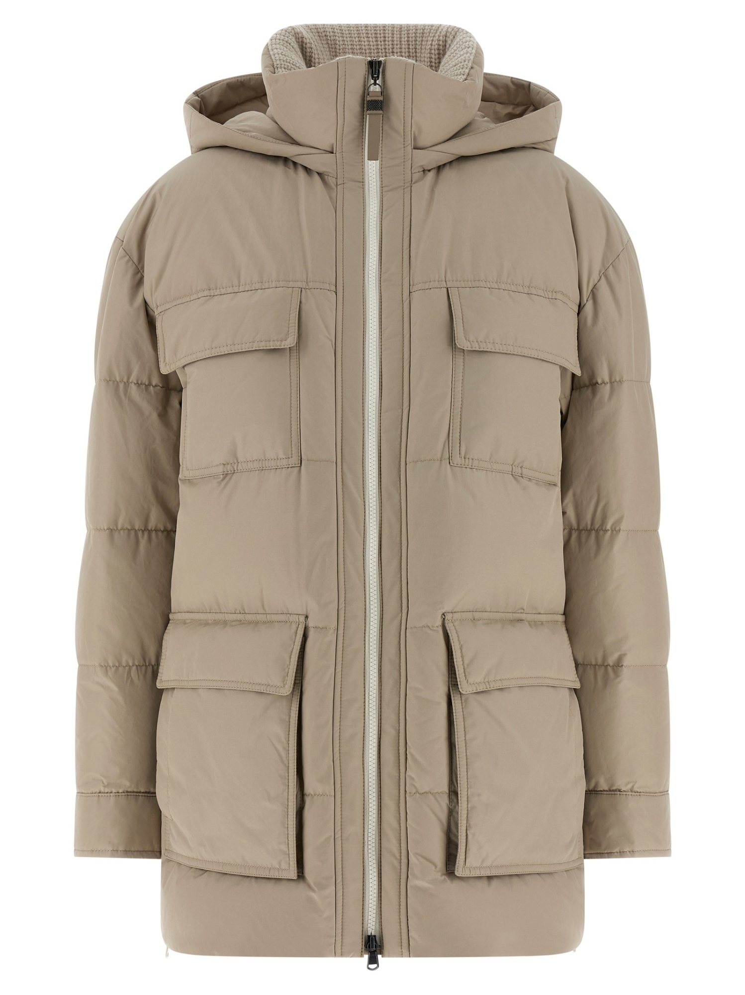 Brunello Cucinelli Knitted Neck Down Jacket In Neutral