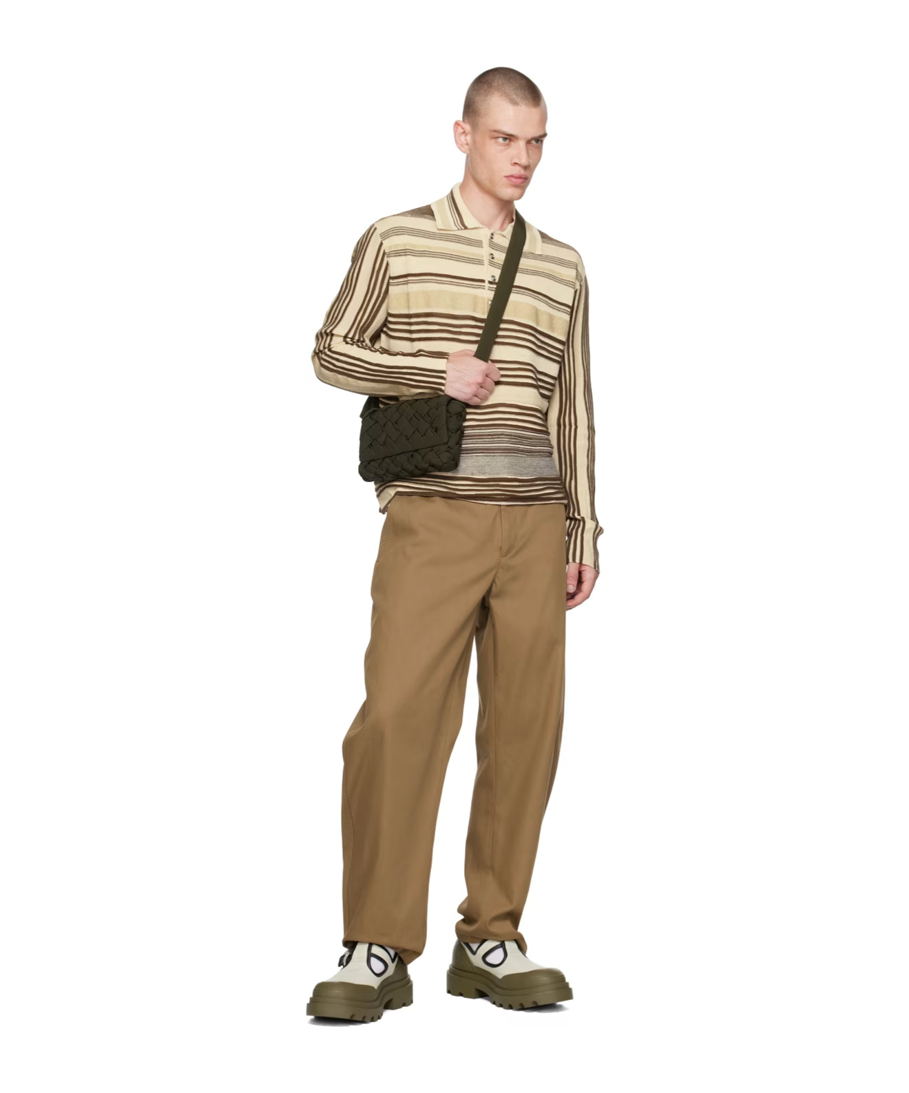 Bottega Veneta Striped Long-sleeved Polo Shirt In Nude
