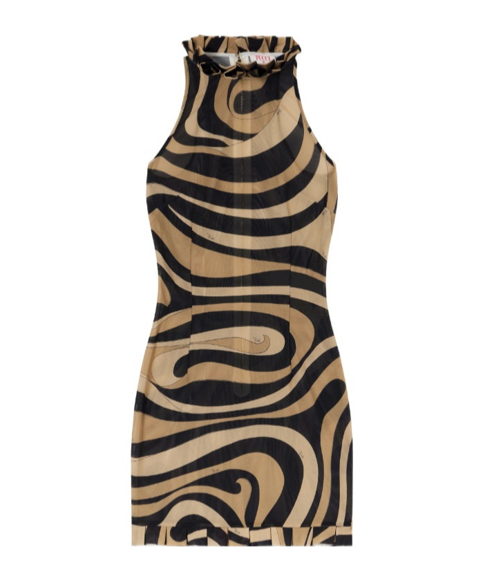 Pucci Pleated Printed Mesh Mini Dress In Neutral