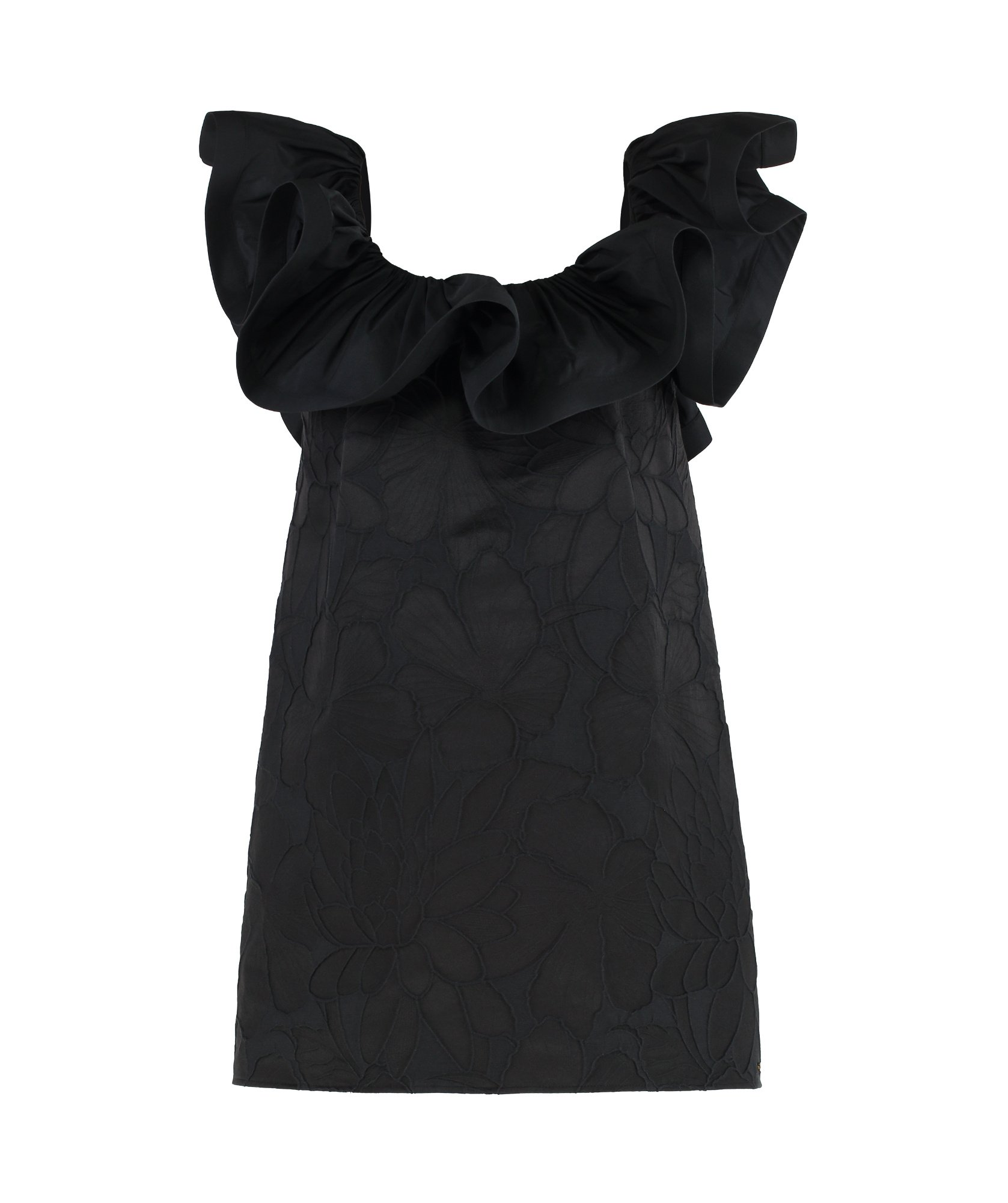 Elisabetta Franchi Ruffled Neckline Mini Jacquard Dress In Black