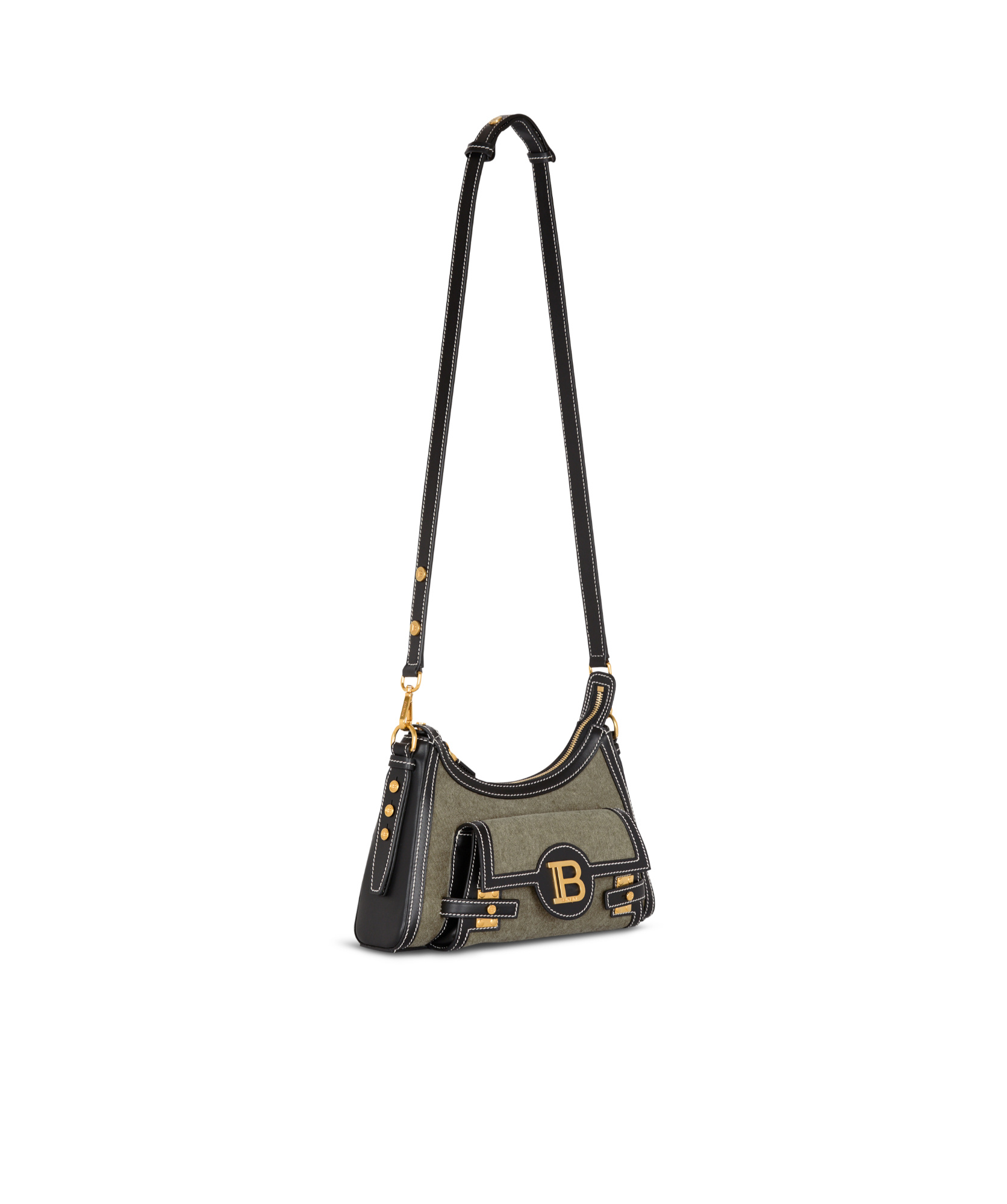 BALMAIN B-BUZZ HOBO BAG IN LEATHER AND CANVAS