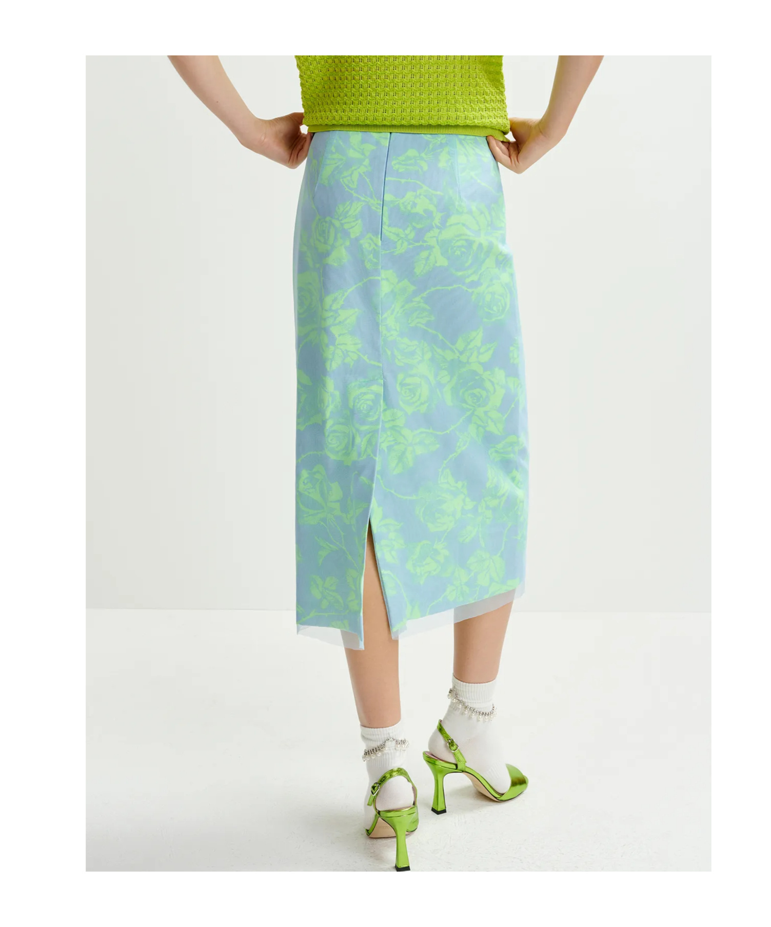 Essentiel Antwerp Light Blue And Mint Green Tule Midi Skirt With Sequin Floral Embroideries In Green