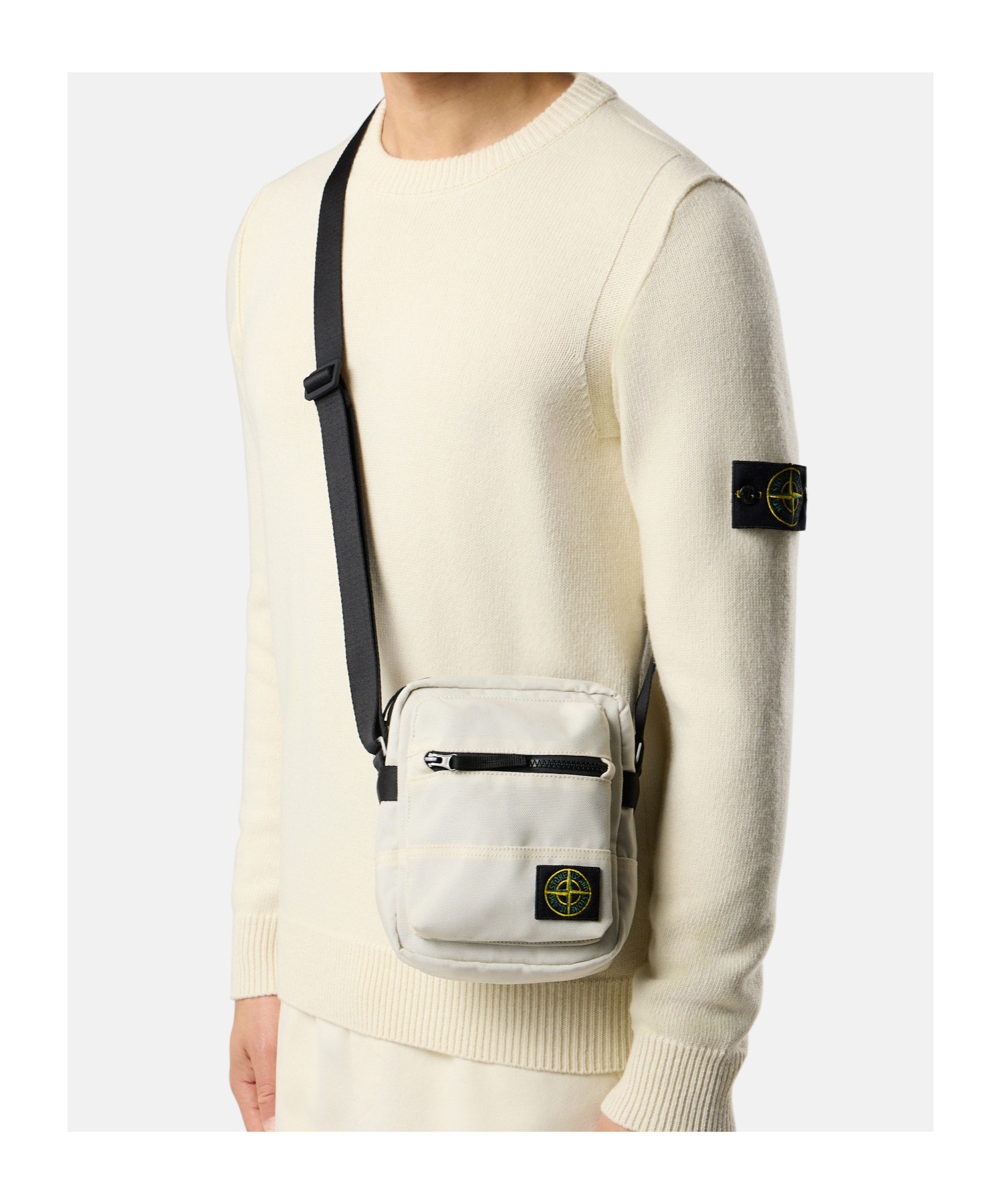 Stone Island Pouch Bag With Zip Compartments And Adjustable Strap In White