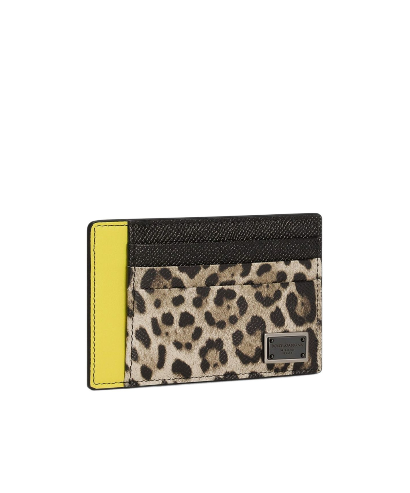 Dolce & Gabbana Leopard Print Card Holder With Logo Plaque And Yellow Accent In Black