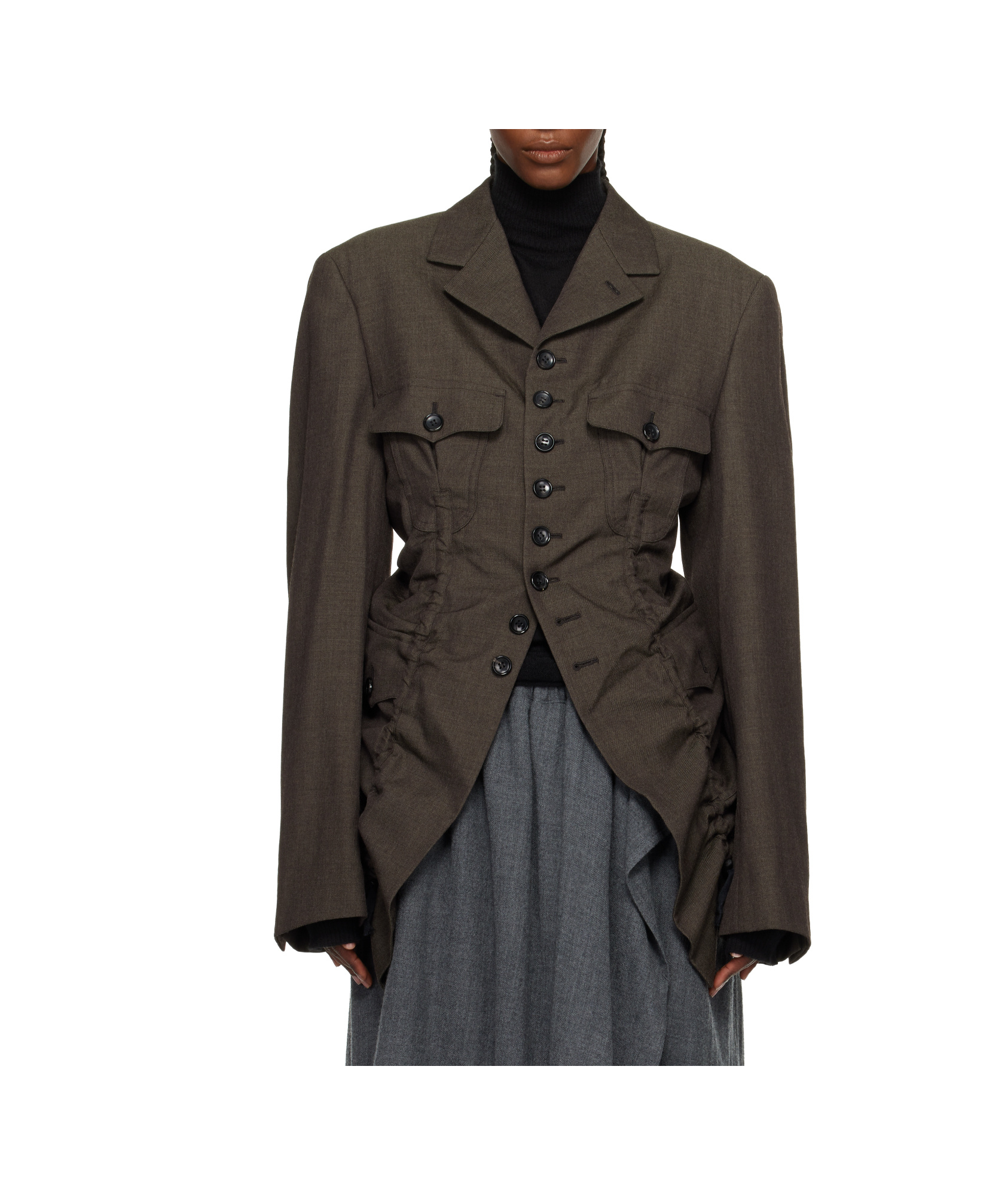Comme Des Garçons Shirt Ruched Buttoned Gabardine Jacket In Gray