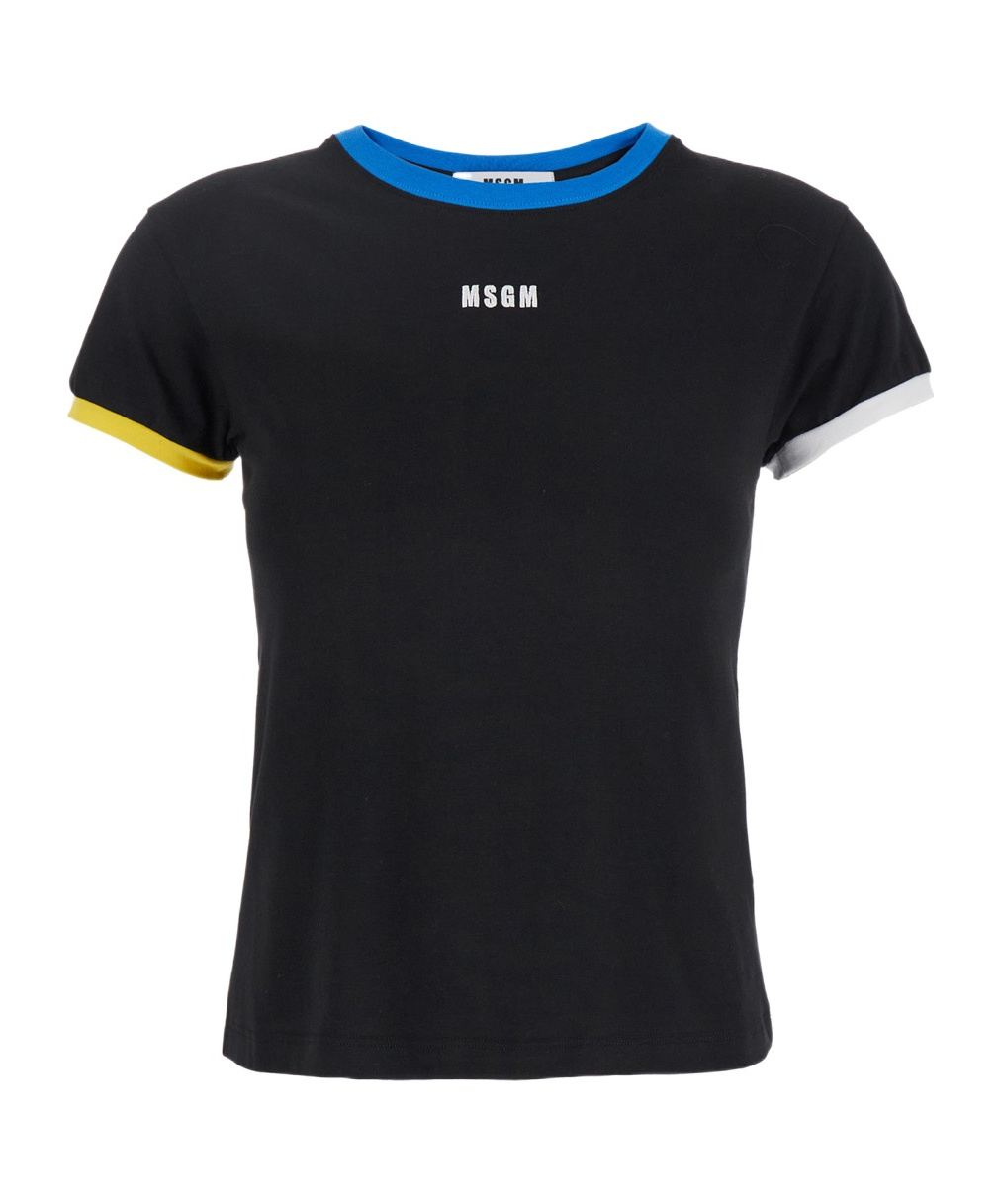 Msgm Black T-shirt With Embroidered Logo On The Front And Contrasting Edges In Cotton Woman In Black