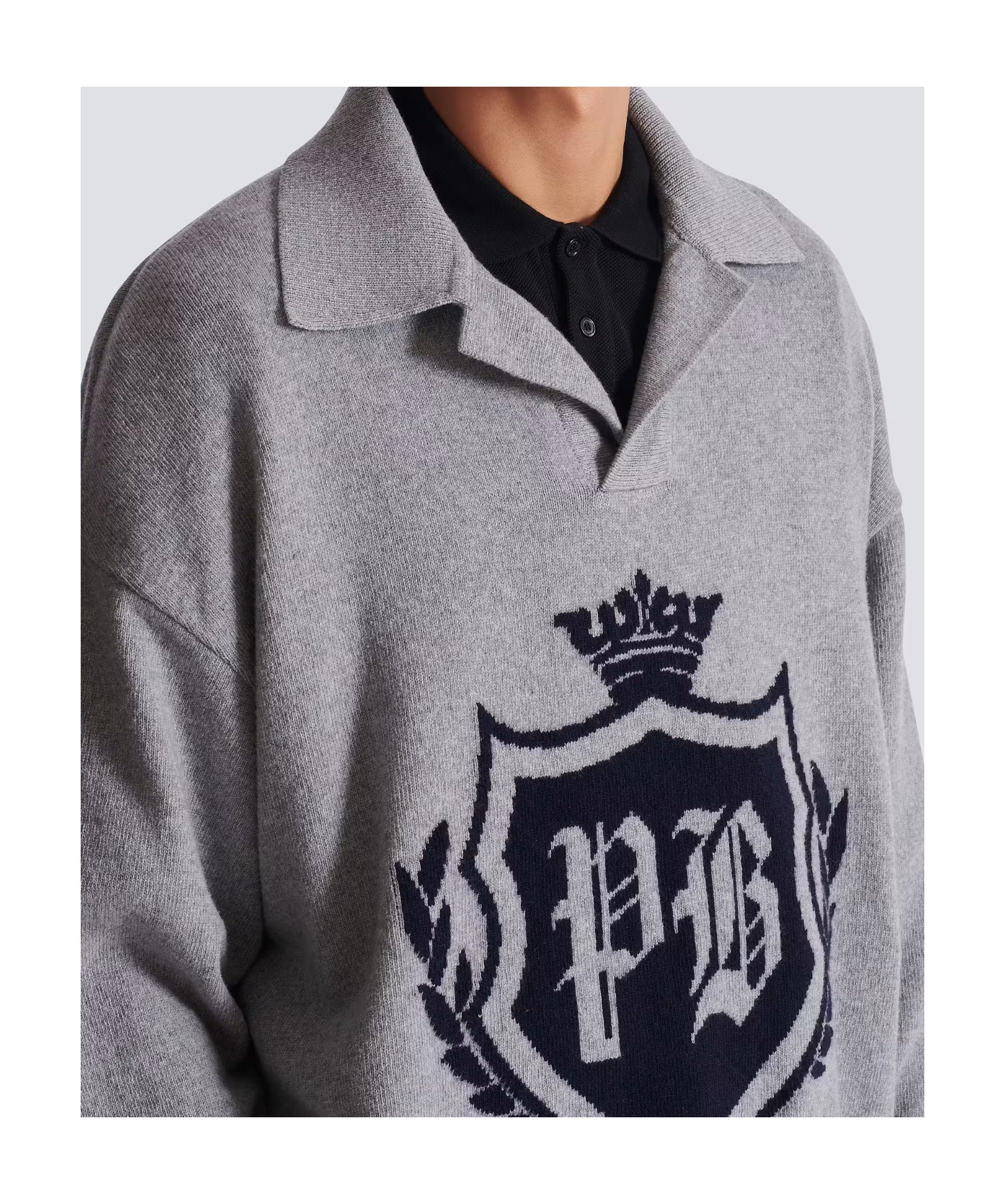 Balmain College Emblem Polo Sweater In Eco-cashmere In Gray